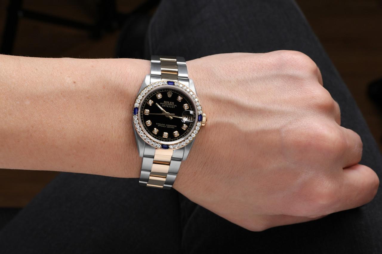 Señoras Negro 31mm Rolex Datejust Dos Tonos Diamantes + Zafiro Bisel 68273 en venta 5