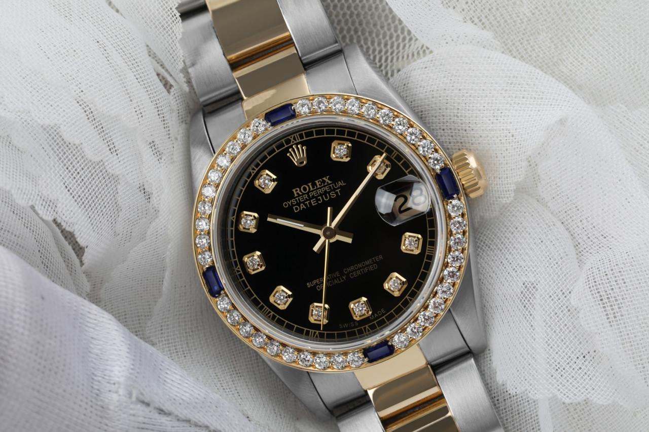 Ladies Black 31mm Rolex Datejust Two Tone Diamonds + Sapphire Bezel 68273 In Excellent Condition For Sale In New York, NY