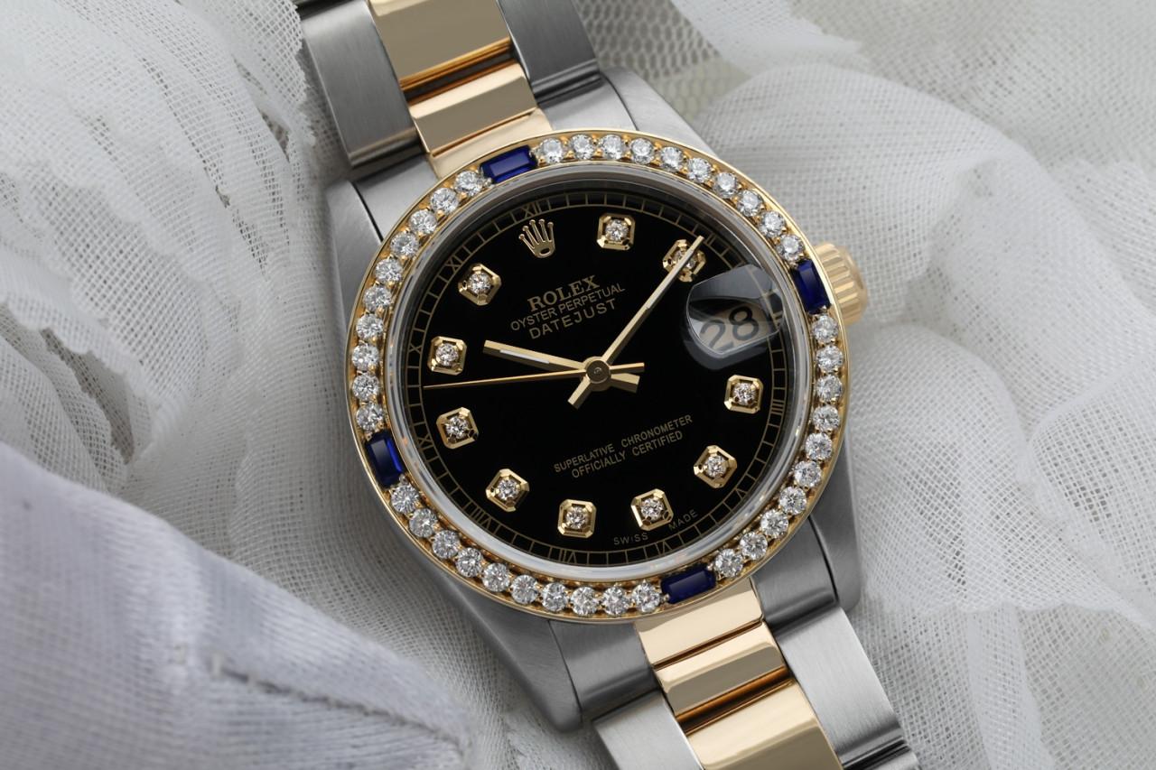 Women's Ladies Black 31mm Rolex Datejust Two Tone Diamonds + Sapphire Bezel 68273 For Sale