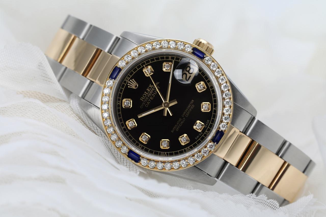 Señoras Negro 31mm Rolex Datejust Dos Tonos Diamantes + Zafiro Bisel 68273 en venta 1