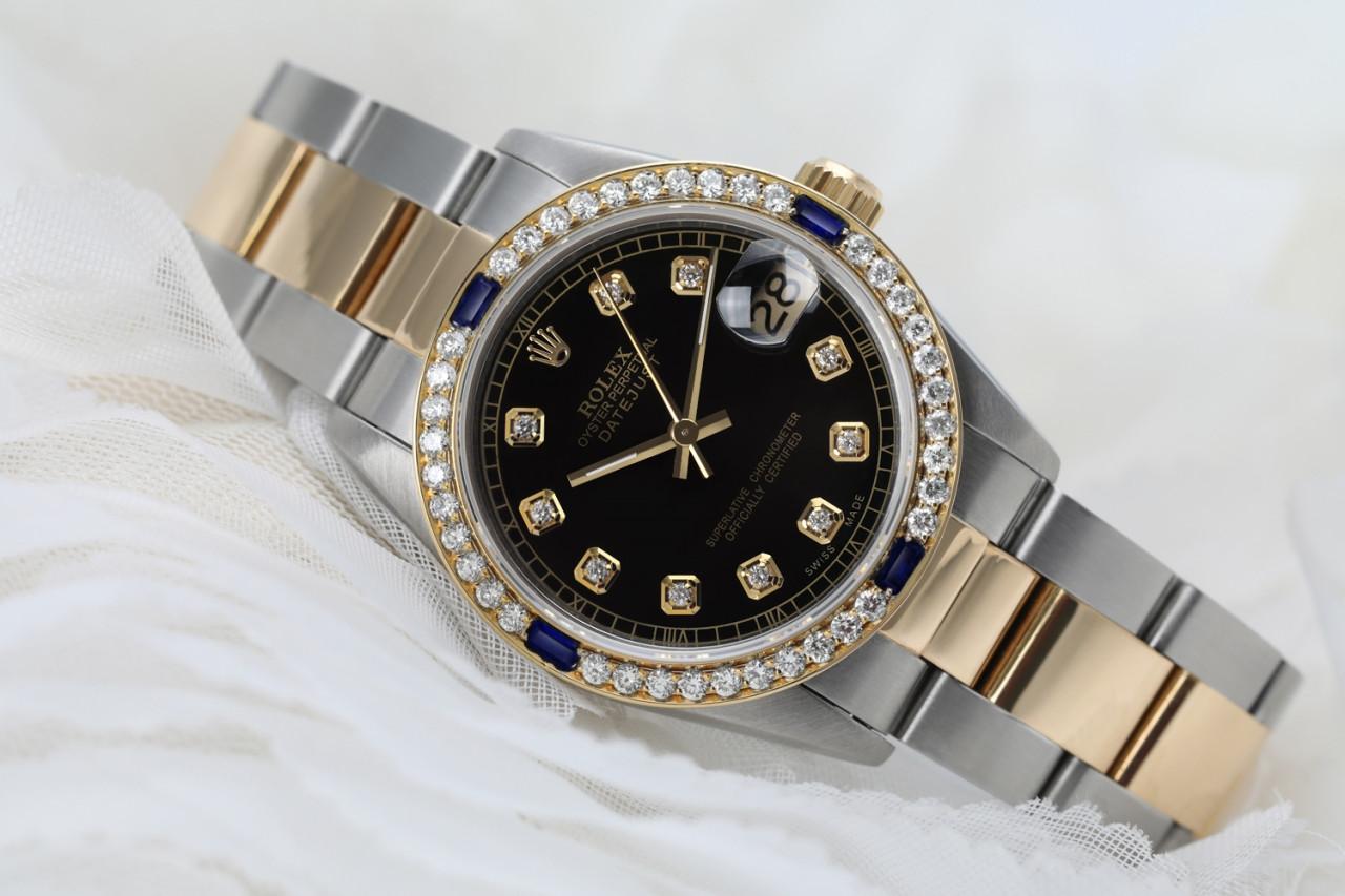 Ladies Black 31mm Rolex Datejust Two Tone Diamonds + Sapphire Bezel 68273 For Sale 1