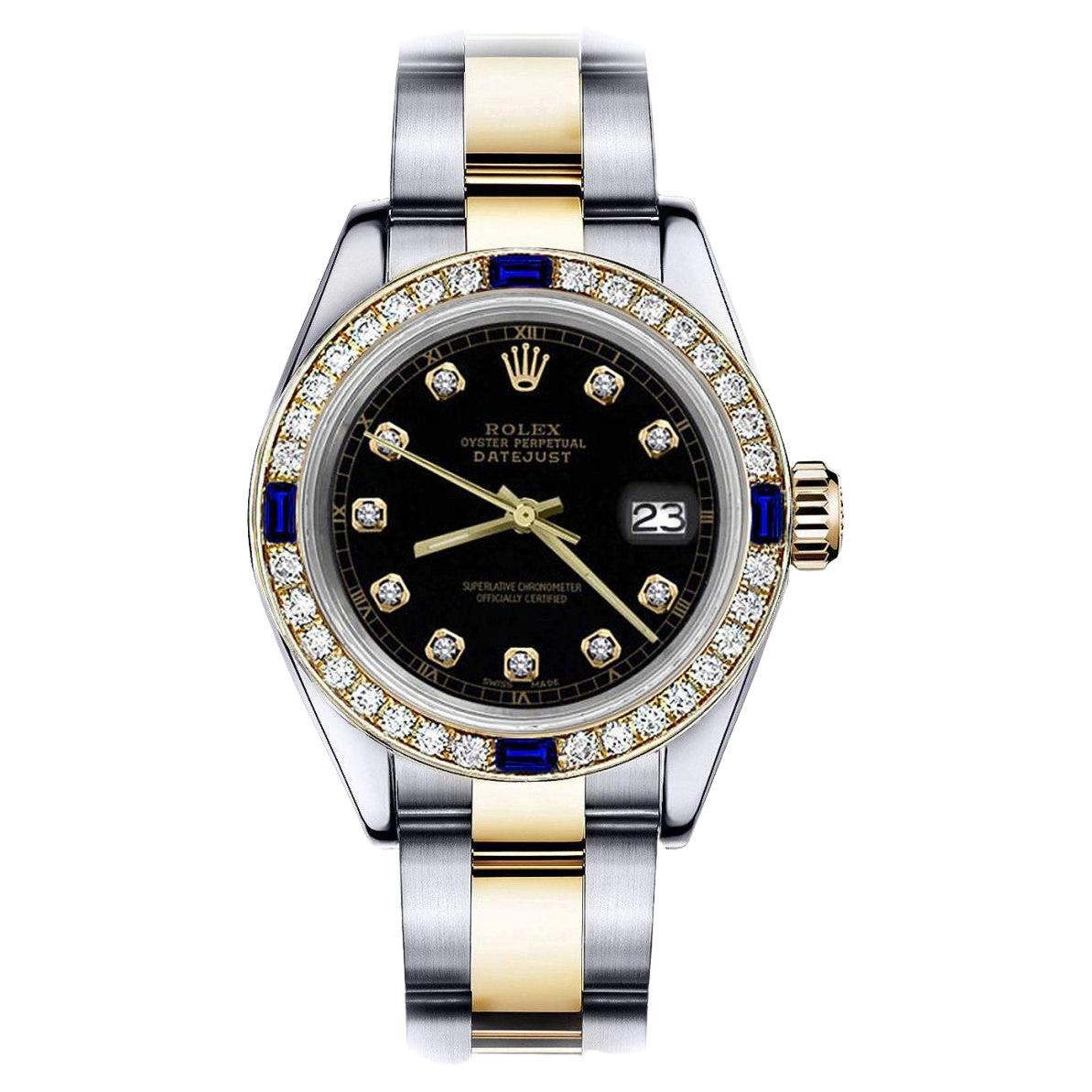 Ladies Black 31mm Rolex Datejust Two Tone Diamonds + Sapphire Bezel 68273 For Sale