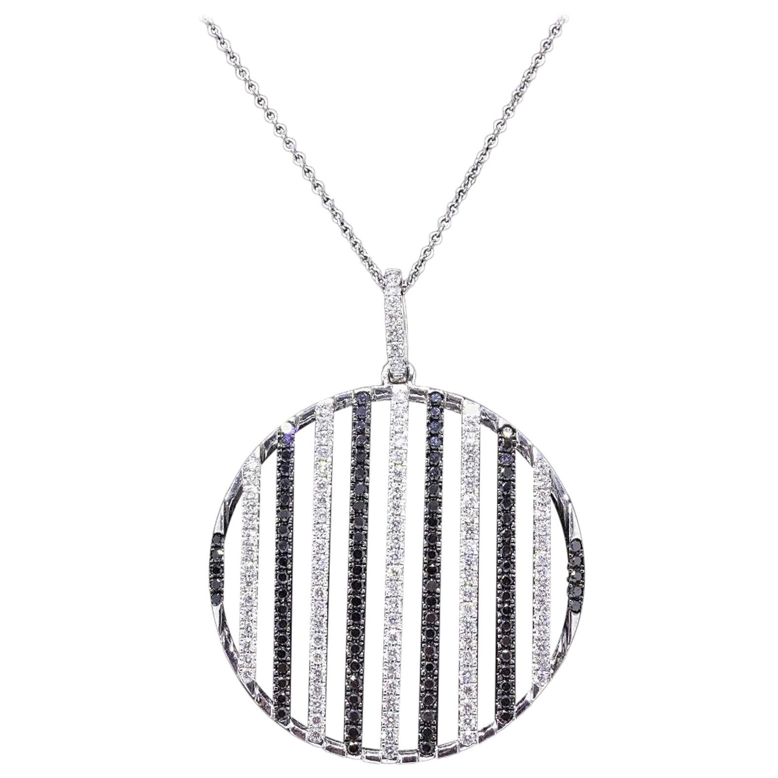 Ladies Black & White Diamond Circle Pendant Necklace 1.05 TCW 14KT White Gold