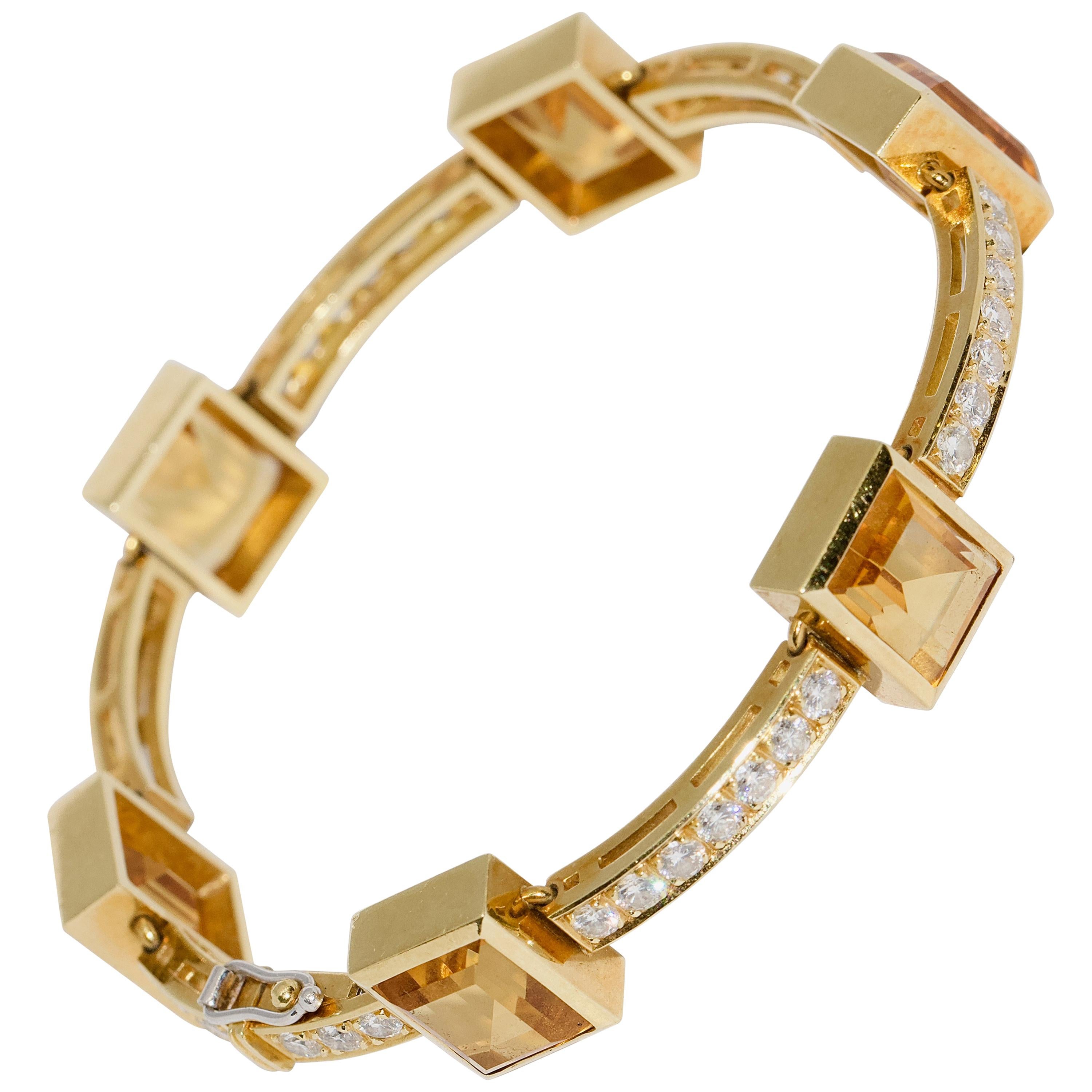 Ladies Bracelet, Bangle in 18 Karat Gold, Set with Citrines and 41 Diamonds For Sale