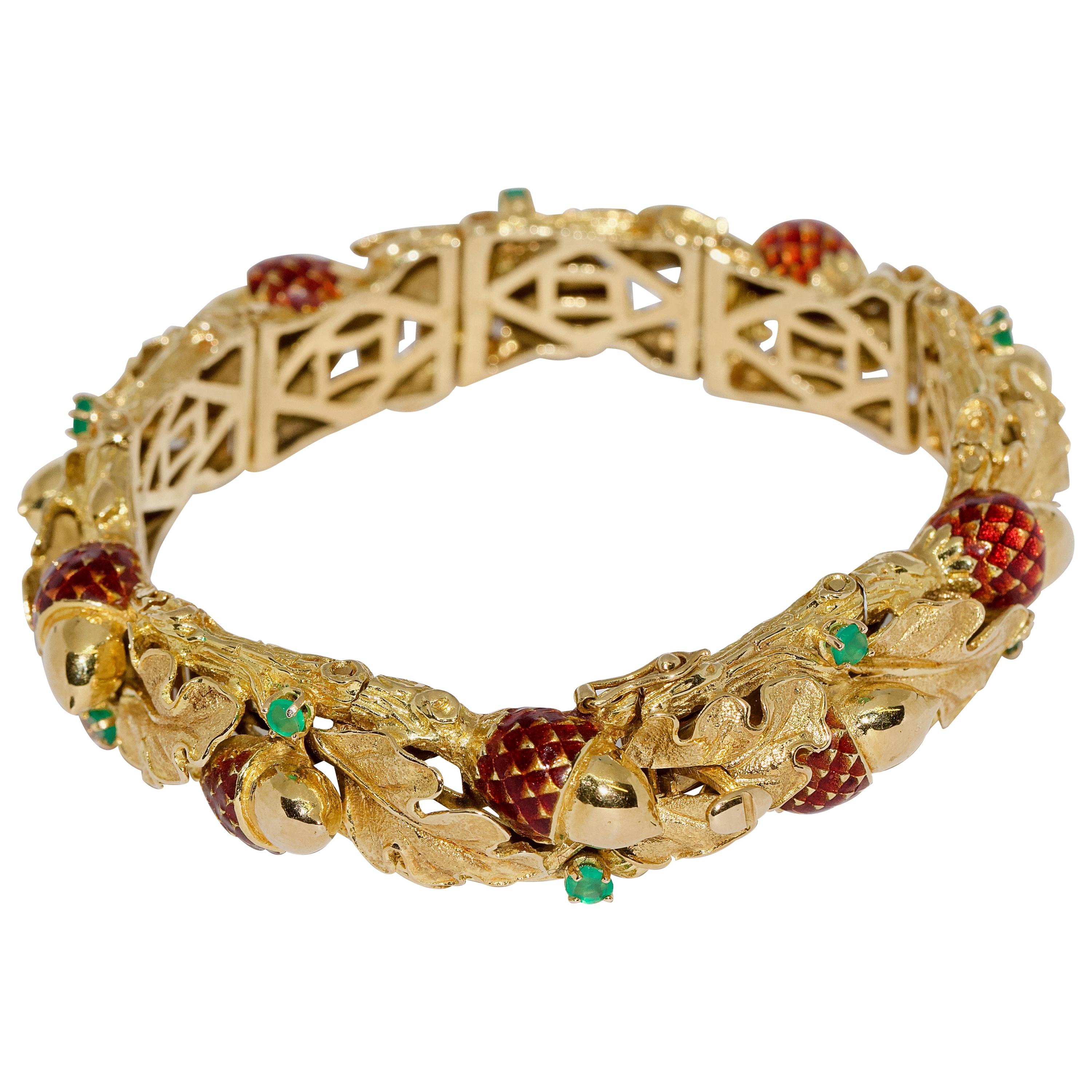 Ladies Bracelet, Bangle in 18 Karat Gold, with Enamel Acorns and Emeralds