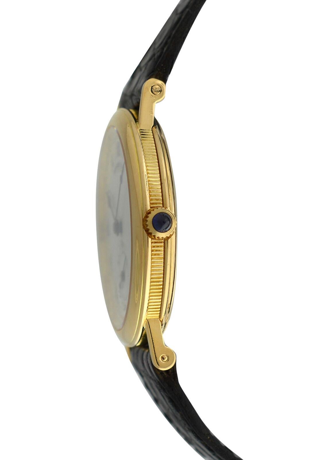 Brand	Breguet
Model	Classic 3210
Gender	Ladies'
Condition	Pre-owned
Movement	Swiss Mechanical
Case Material	18K Yellow Gold
Bracelet / Strap Material	
Leather

Clasp / Buckle Material	
18K Yellow Gold

Clasp Type	Tang
Bracelet / Strap width	16 mm at