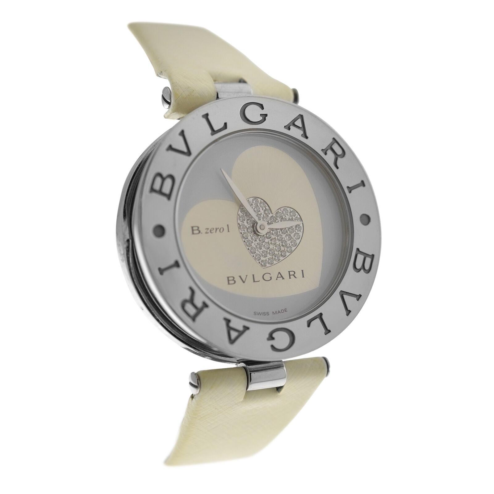 
Brand	Bvlgari Bulgari
Model	B. Zero 1 Double Heart BZ35S
Gender	Ladies
Condition	Pre-owned
Movement	Swiss quartz
Case Material	Stainless Steel
Bracelet / Strap Material	
Leather

Clasp / Buckle Material	
Stainless Steel	
Clasp Type	Butterfly