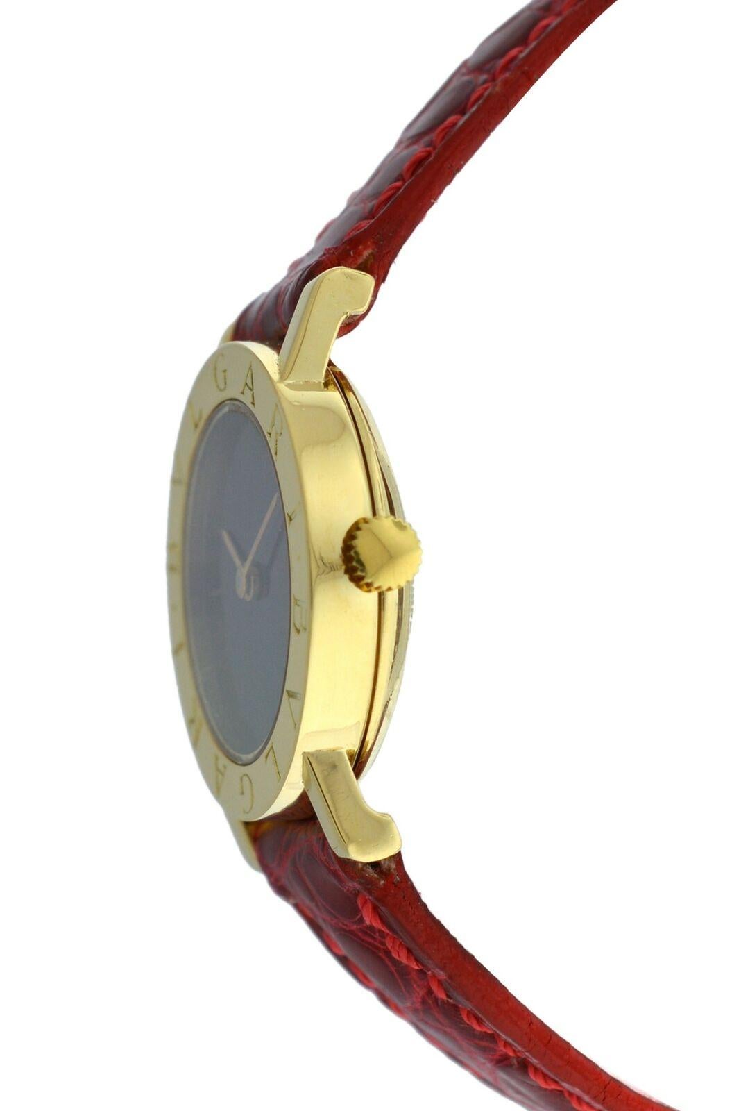 Brand	Bvlgari
Model	G1886.4 
Gender	Ladies
Condition	Pre-owned
Movement	Swiss Mechanical Manual Winding
Case Material	18K Gold
Bracelet / Strap Material	
Leather

Clasp / Buckle Material	
18K Gold	
Clasp Type	Tang
Bracelet / Strap width	12 mm at