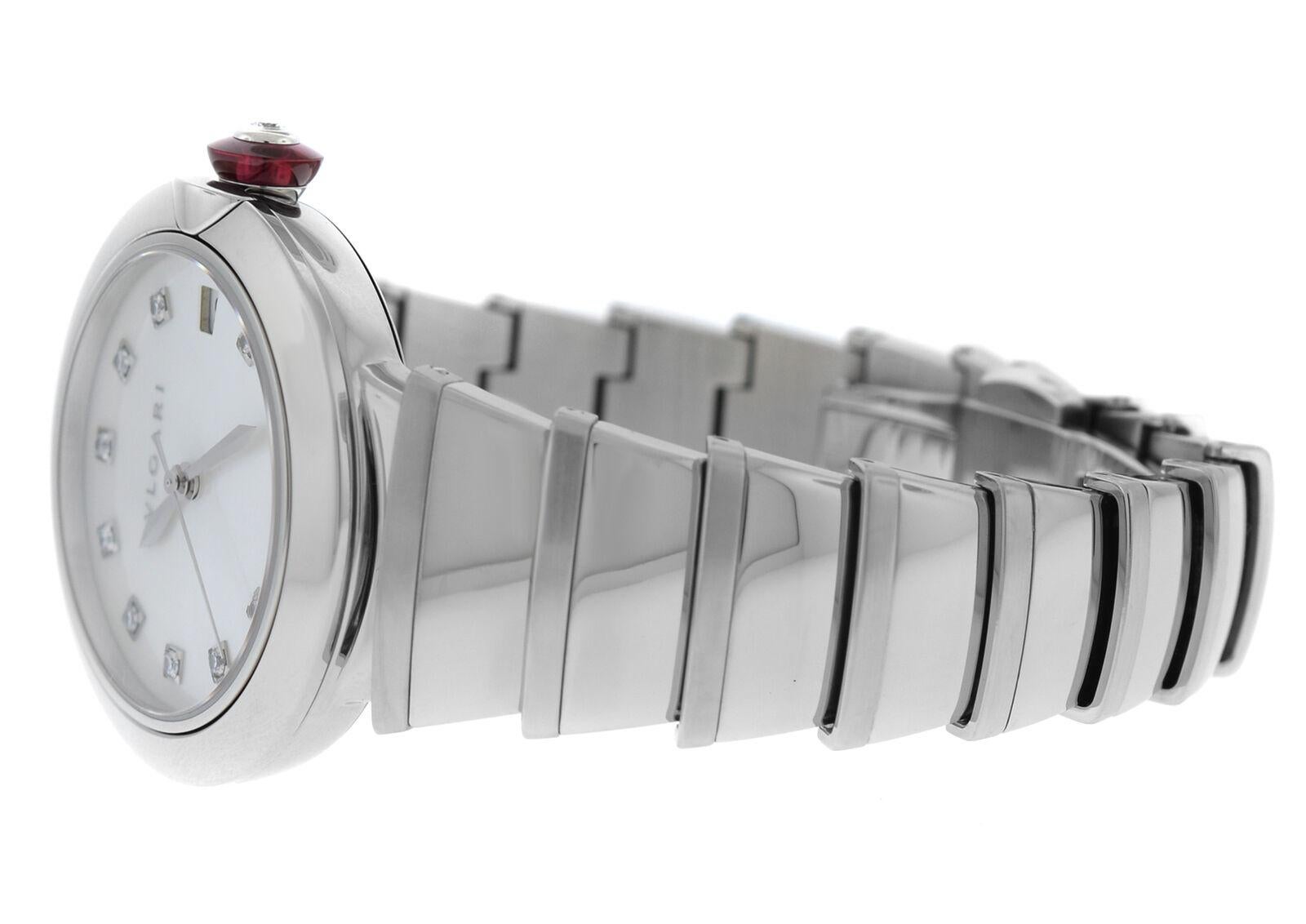 Ladies Bvlgari Bulgari LVCEA Steel Diamond Mother of Pearl Automatic Watch For Sale 4
