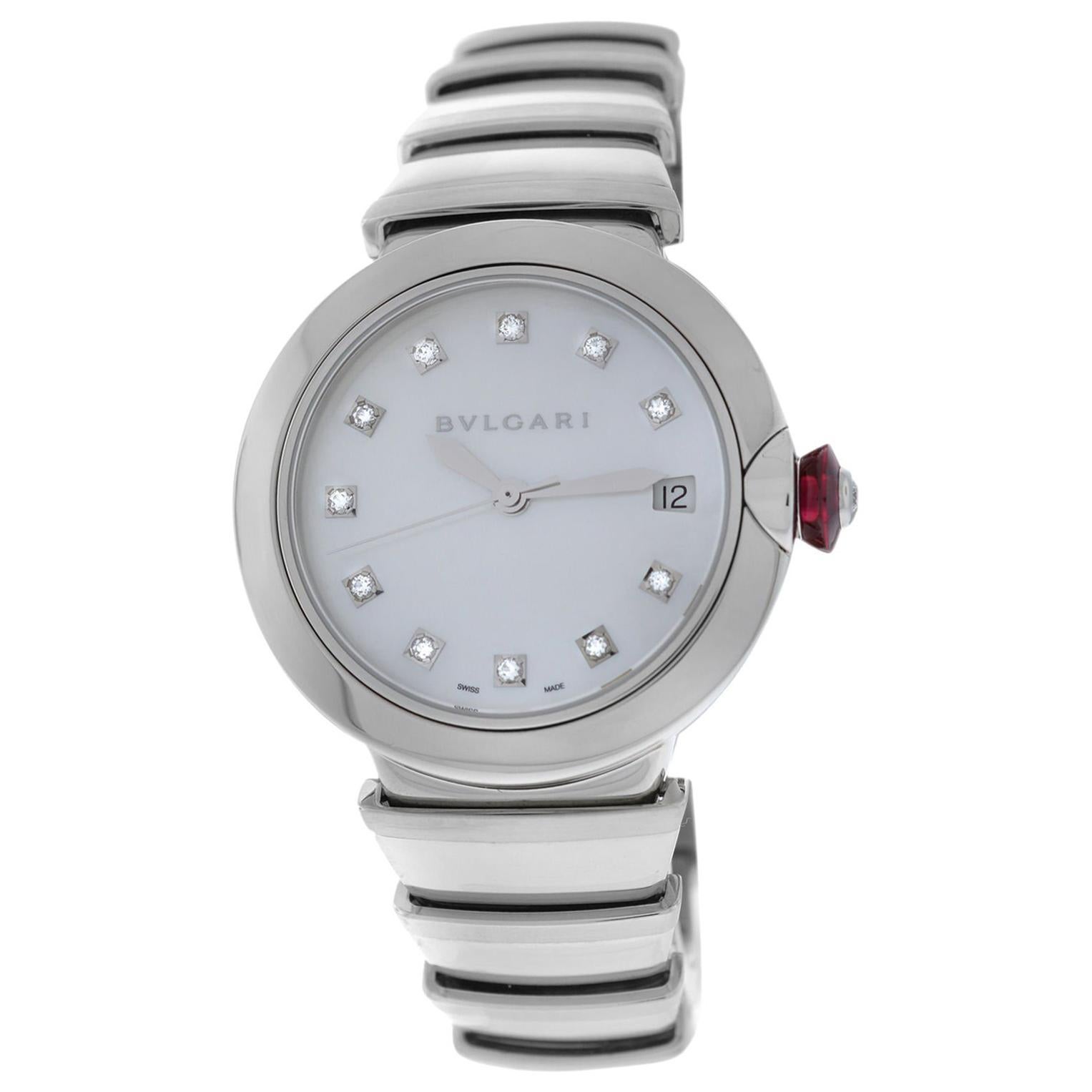 Ladies Bvlgari Bulgari LVCEA Steel Diamond Mother of Pearl Automatic Watch For Sale