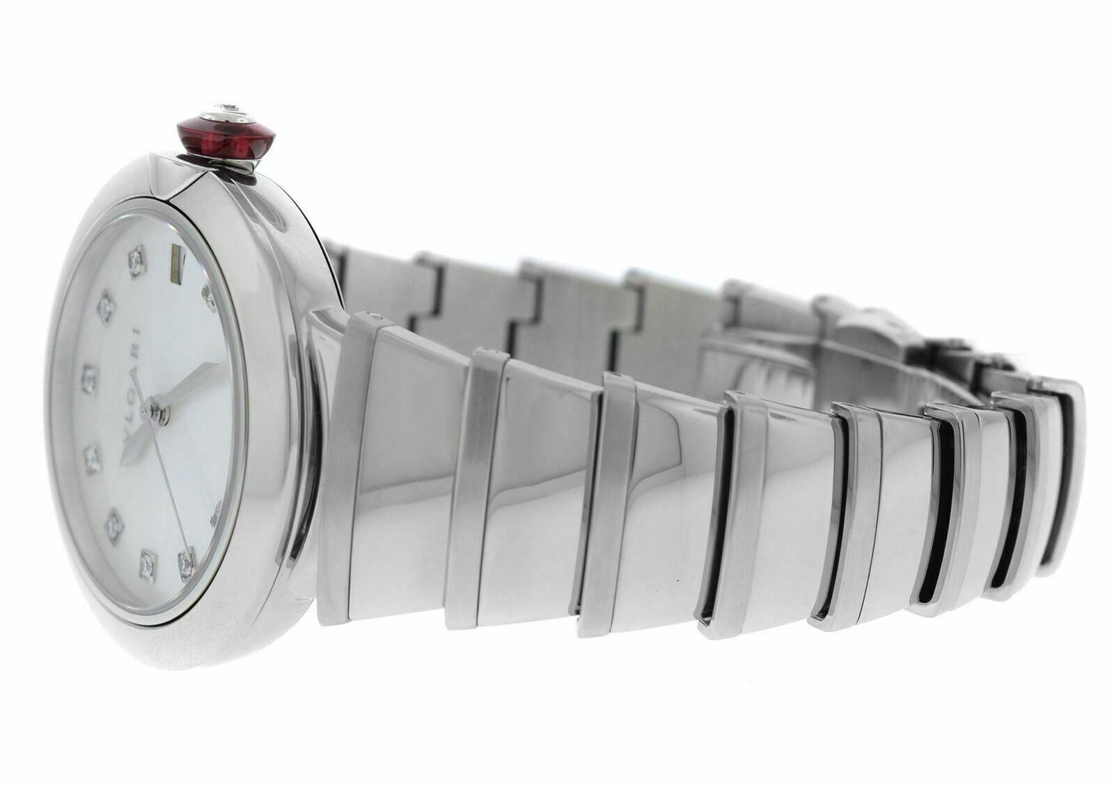 Ladies Bvlgari LVCEA LU36S Steel Diamond Mother of Pearl Automatic Watch For Sale 3