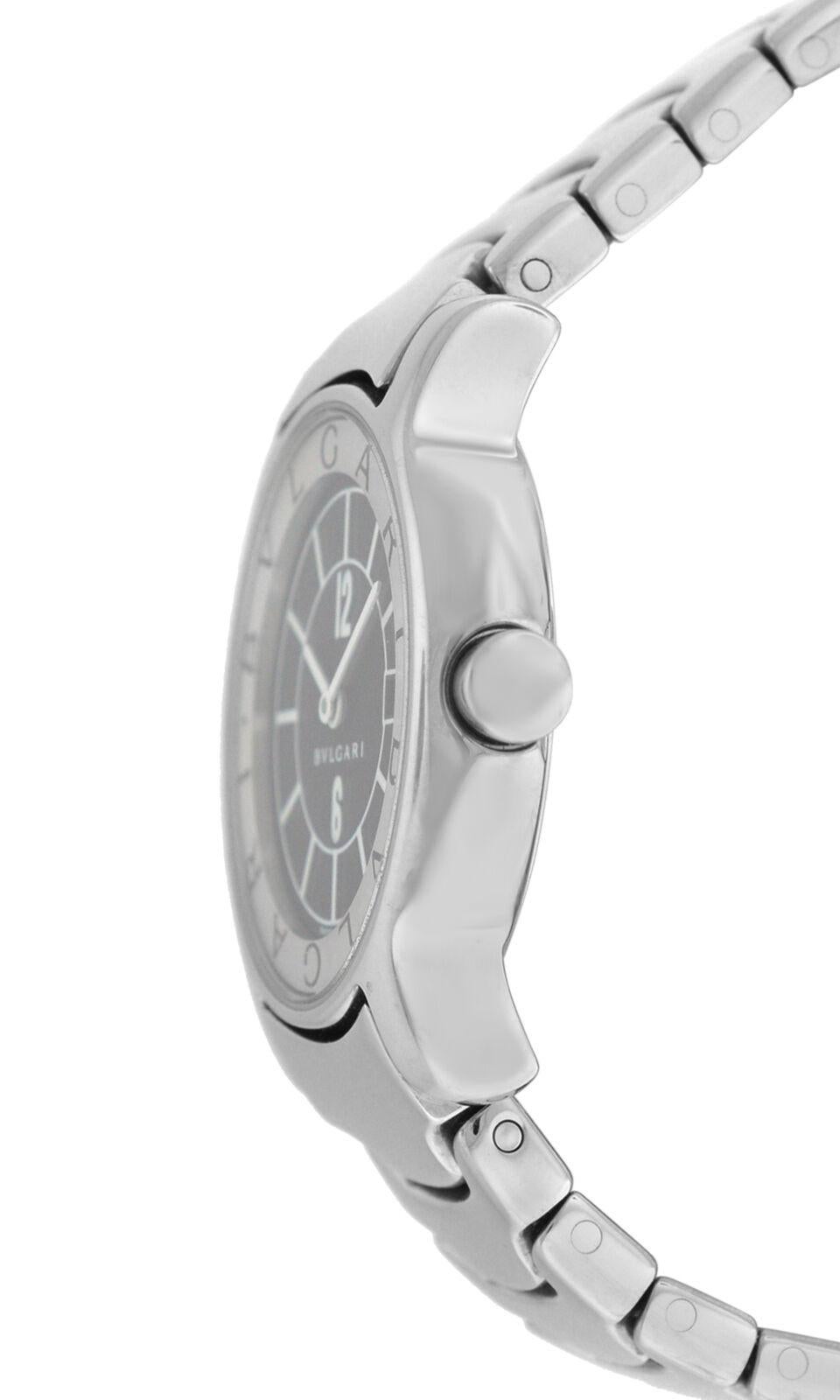 Brand	Bvlgari
Model	Solotempo ST29S
Gender	Ladies
Condition	Pre-owned
Movement	Swiss Quartz
Case Material	Stainless Steel 
Bracelet / Strap Material	
Stainless Steel

Clasp / Buckle Material	
Stainless Steel

Clasp Type	Butterfly deployment
Bracelet