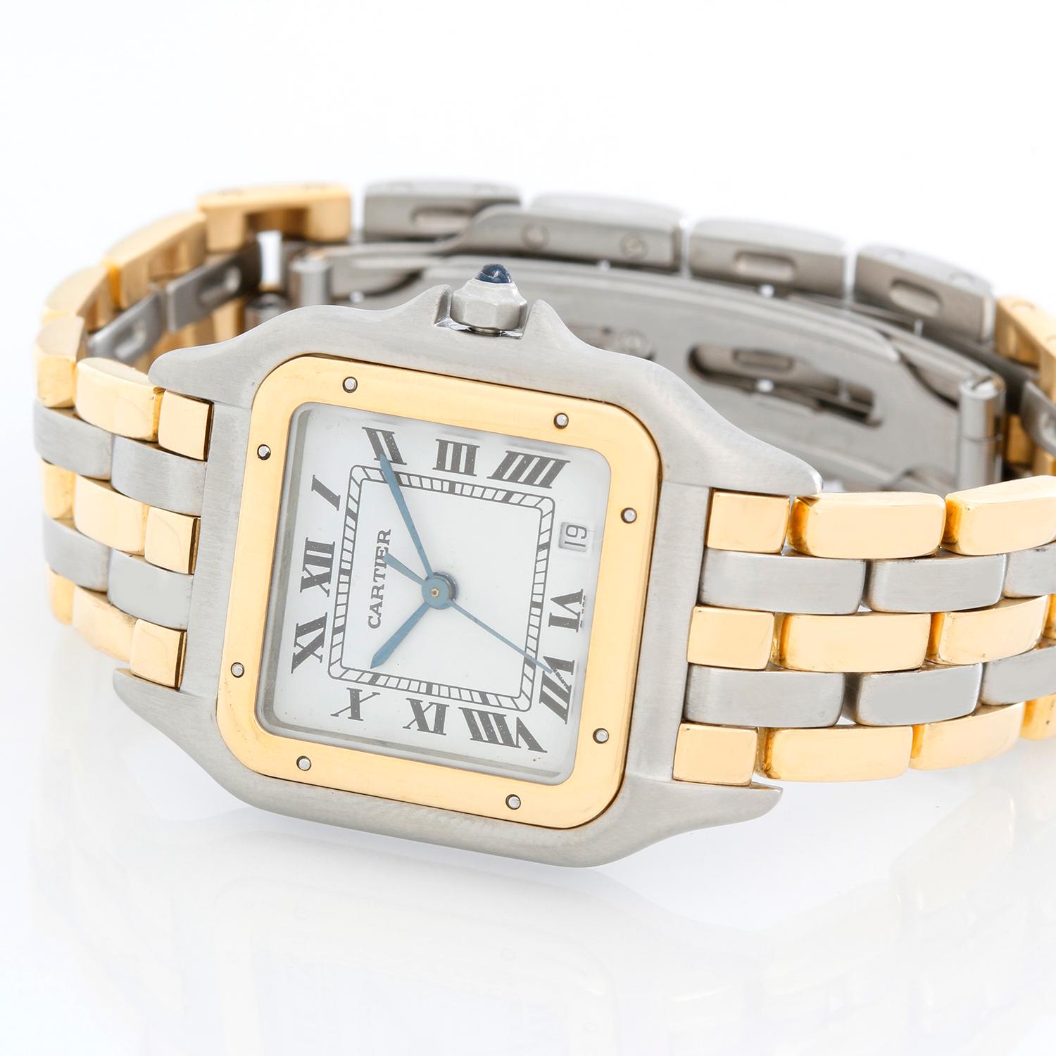 Ladies Cartier 3-Row Panther 2-Tone Steel & Gold Watch - Quartz. Stainless steel case with 18k yellow gold bezel (27mm x 37mm). Ivory colored dial with black Roman numerals. Stainless steel and 18k yellow 3-row Cartier Panther bracelet. Pre-owned