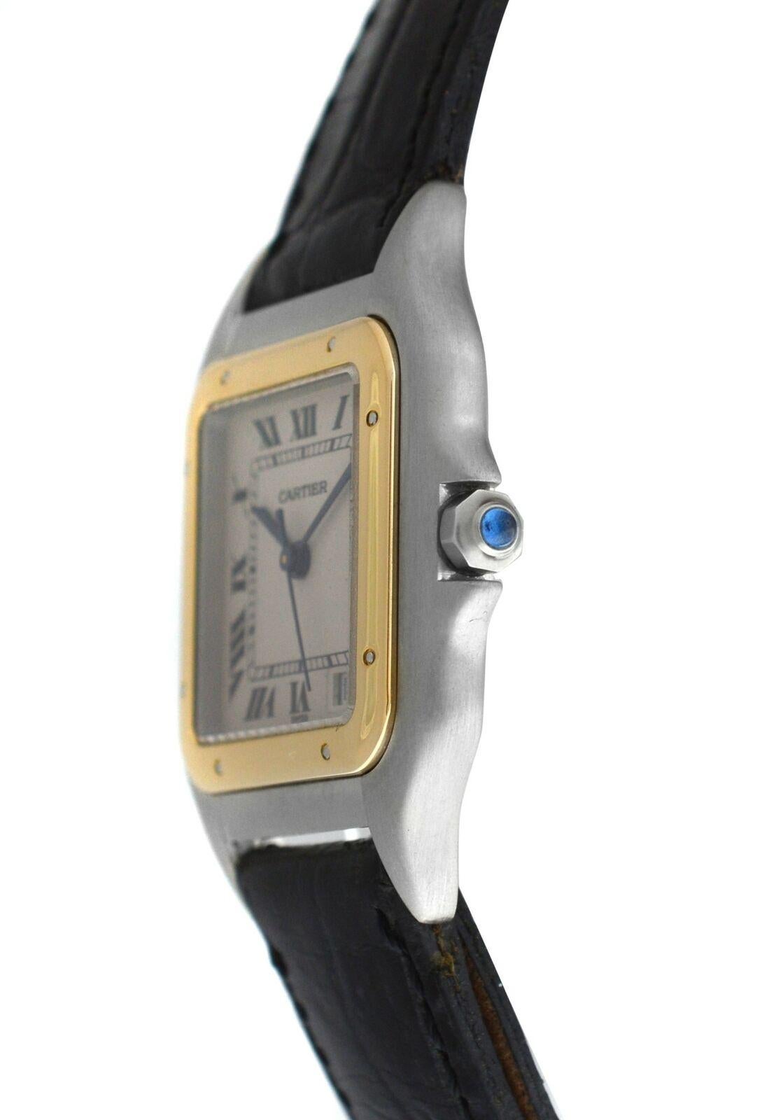 Brand	Cartier
Model	Panthere 1100
Gender	Ladies
Condition	Pre-owned
Movement	Swiss Quartz
Case Material	Stainless Steel & 18K Yellow Gold
Bracelet / Strap Material	
Genuine leather

Clasp / Buckle Material	
Stainless Steel 

Clasp