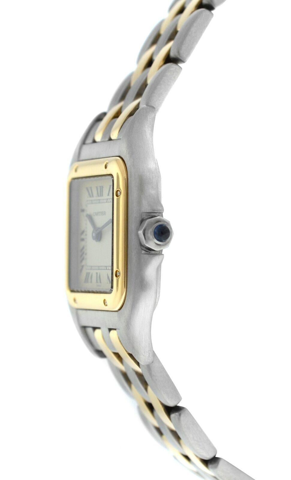 Brand	Cartier
Model	Panthere 112000R
Gender	Ladies
Condition	Pre-owned
Movement	Swiss Quartz
Case Material	Stainless Steel & 18K Yellow Gold
Bracelet / Strap Material	
Stainless Steel  & 18K Yellow Gold

Clasp / Buckle Material	
Stainless Steel