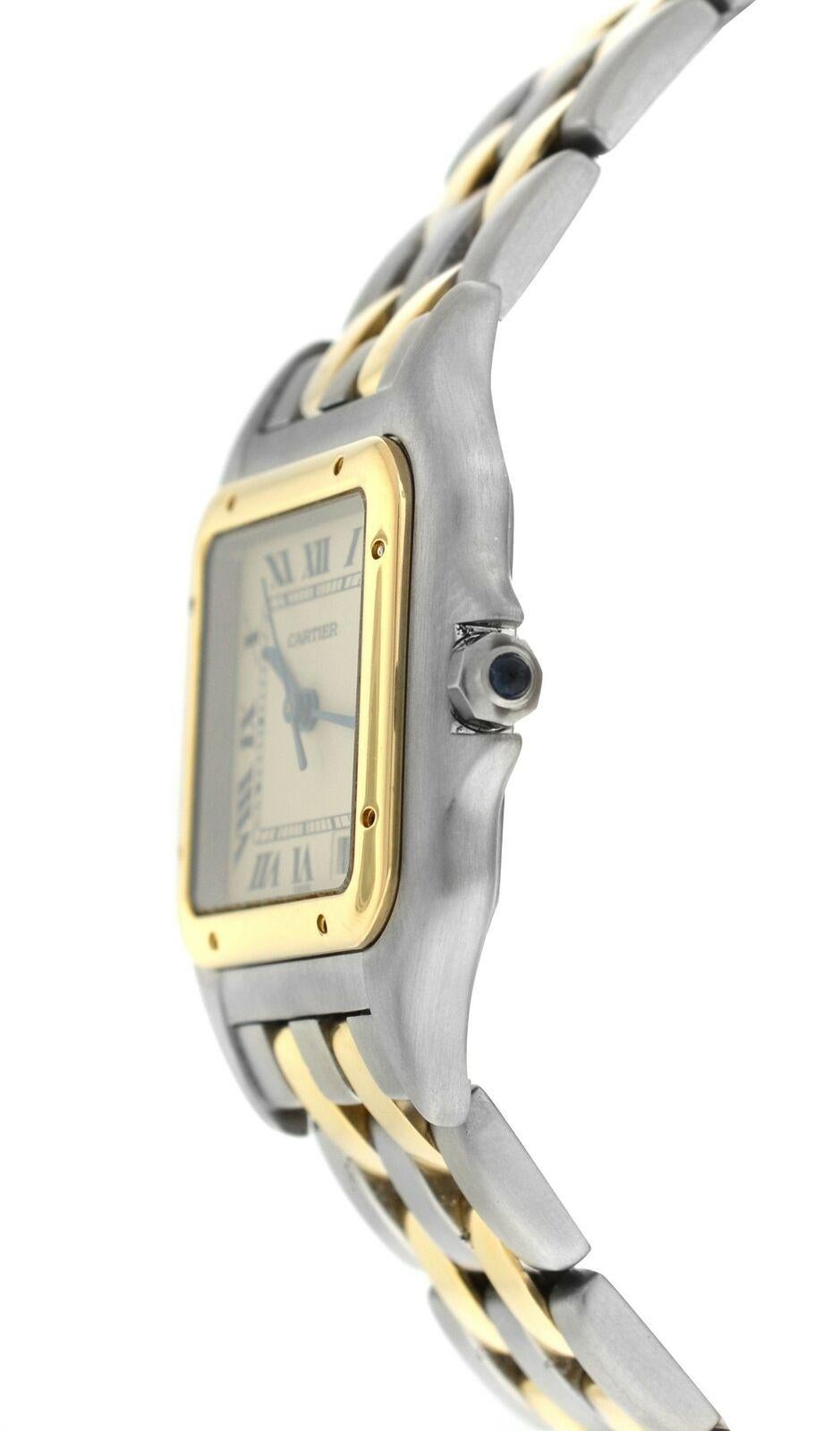 Brand	Cartier
Model	Panthere 187949
Gender	Ladies
Condition	Pre-owned
Movement	Swiss Quartz
Case Material	Stainless Steel & 18K Yellow Gold
Bracelet / Strap Material	
Stainless Steel  & 18K Yellow Gold

Clasp / Buckle Material	
Stainless Steel