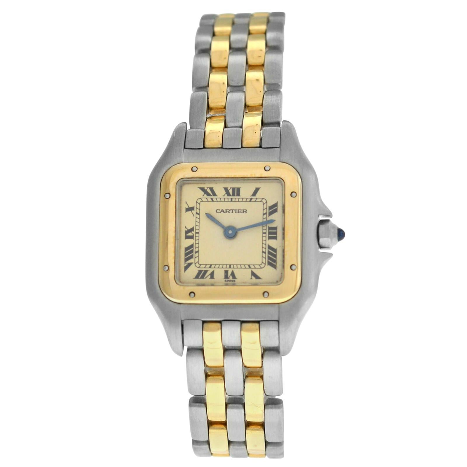 Ladies Cartier Panthere Steel 18 Karat Yellow Gold Two-Row Quartz Watch For Sale