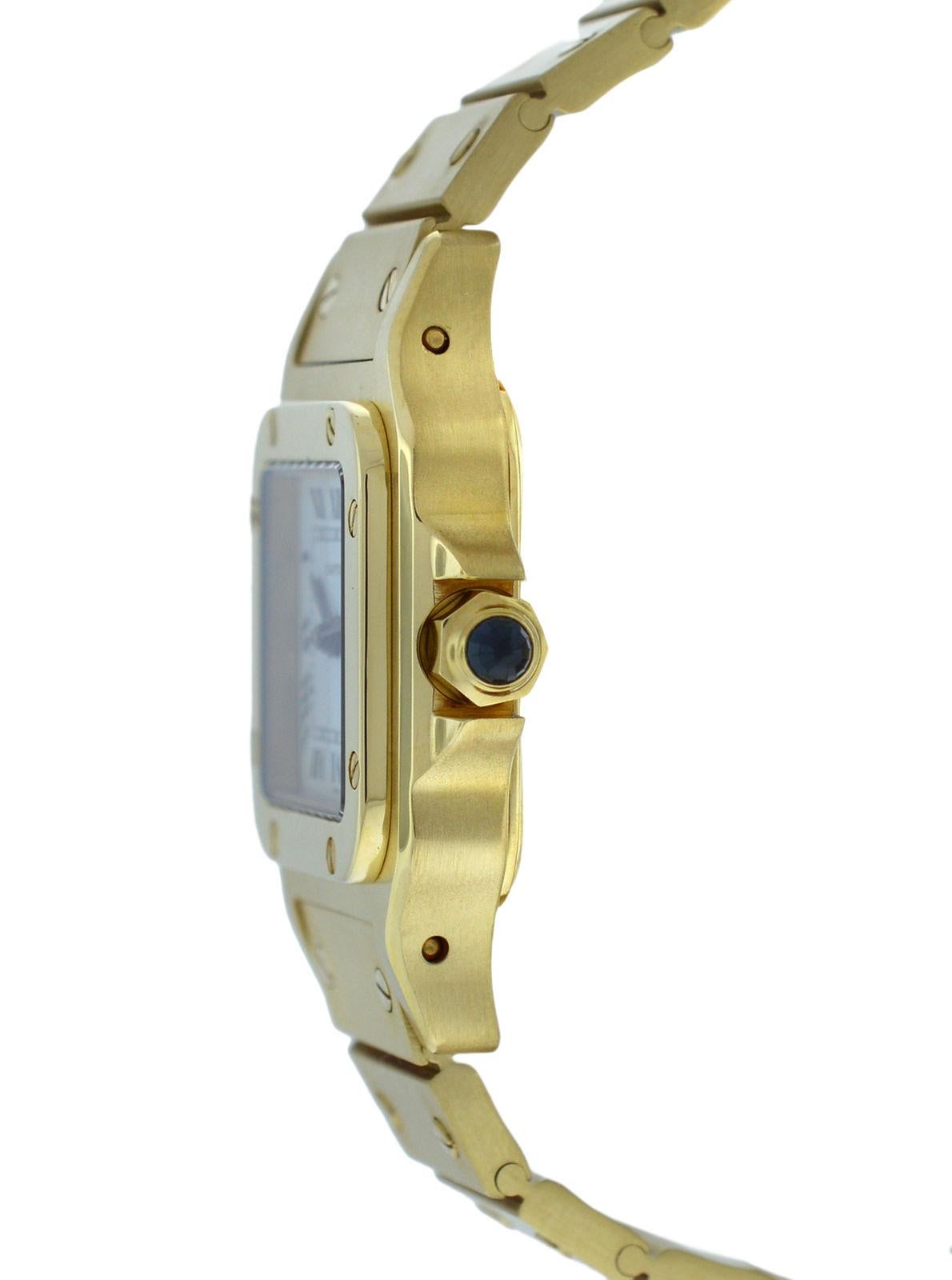 Brand	Cartier
Model	Santos
Gender	Ladies
Condition	Pre-owned
Movement	Swiss Automatic
Case Material	18K Yellow Gold (extra aftermarket gold diamond set bezel)
Bracelet / Strap Material	
18K Yellow Gold

Clasp / Buckle Material	
18K Yellow