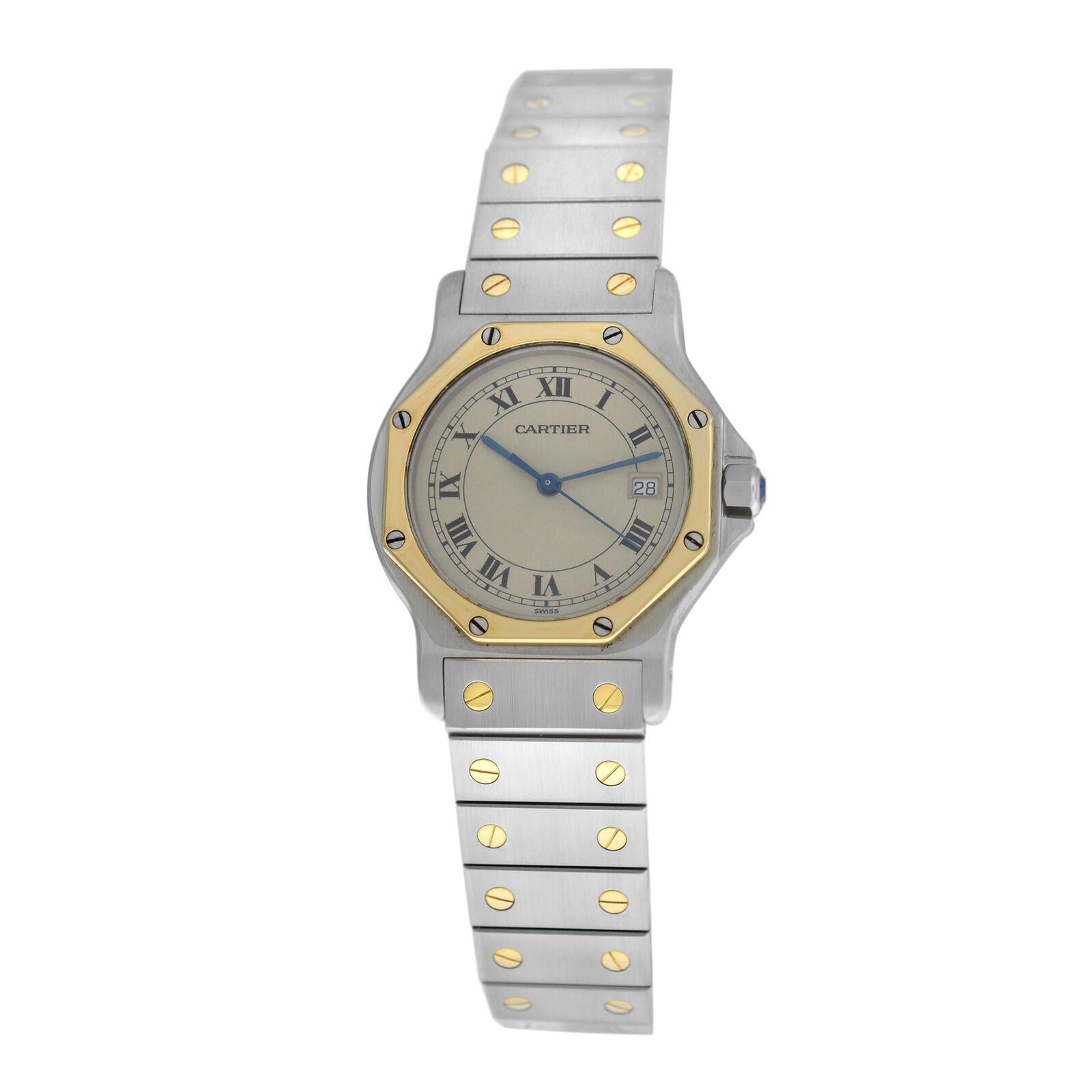 Ladies Cartier Santos Octagon 187902 Steel 18 Karat Yellow Gold Quartz Watch For Sale