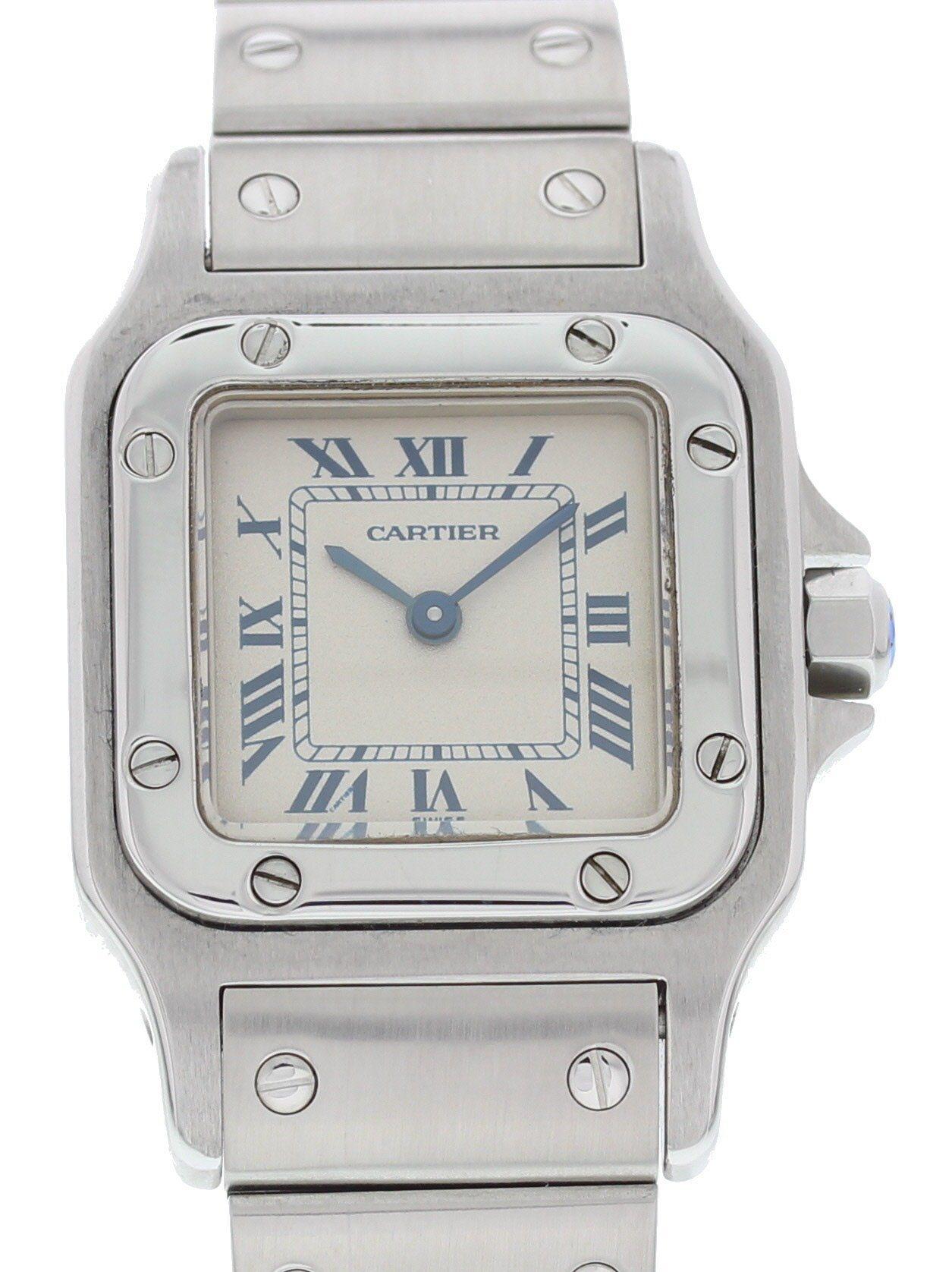 Ladies Cartier Santos 1565. 24mm stainless steel case with a stainless steel bezel. White dial with sapphire blue hands and blue Roman numeral markers. Stainless steel band with a folding clasp. Will fit up to a 6.5-Inch wrist. Water resistant.