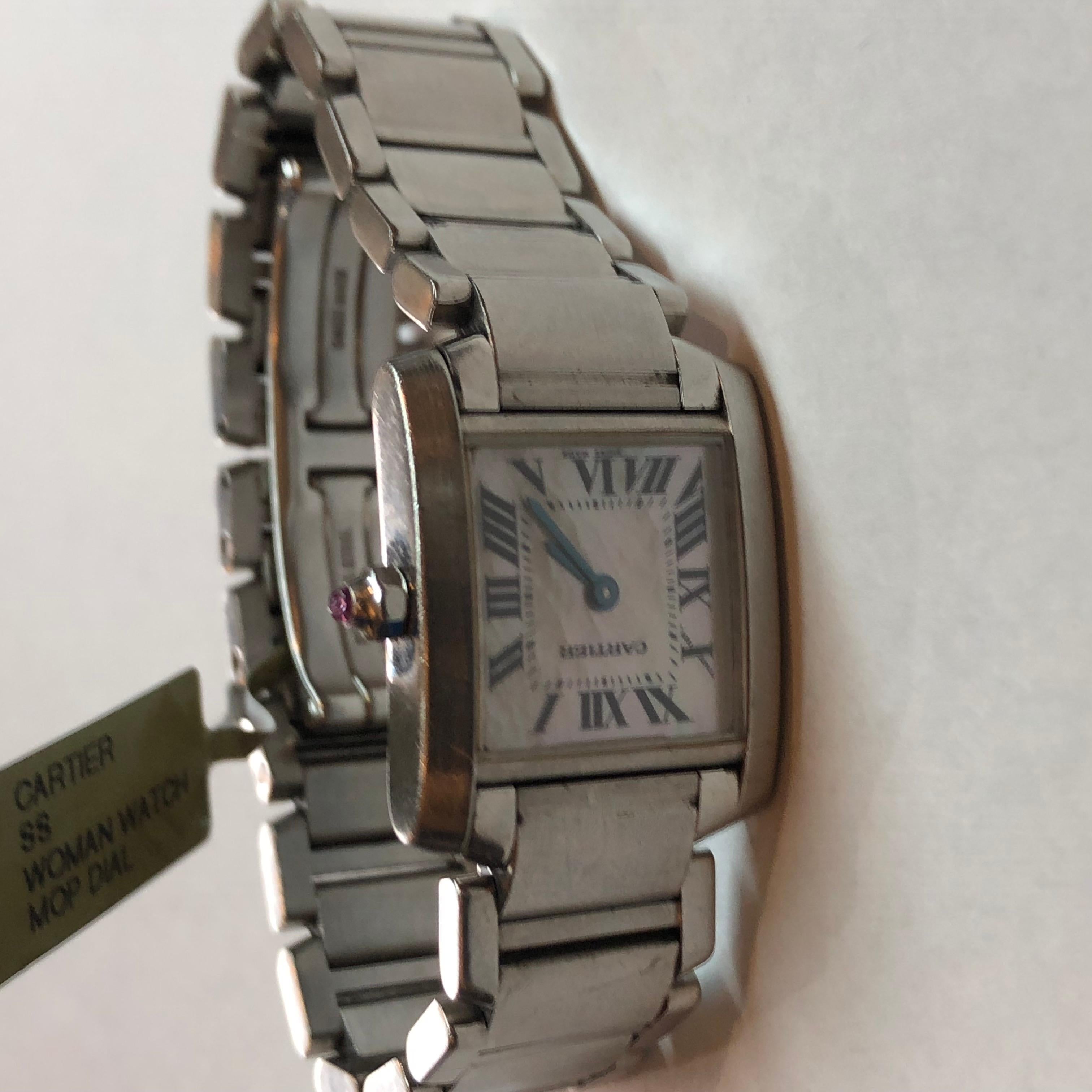 Cartier Tank Francaise Ladies Watch 
Pink Mother of Pearl Dial 
Sapphire Crystal
Stainless Steel
Small size 20mm by 25mm
Full Links
In Original Box no Papers
Reference Number 2384