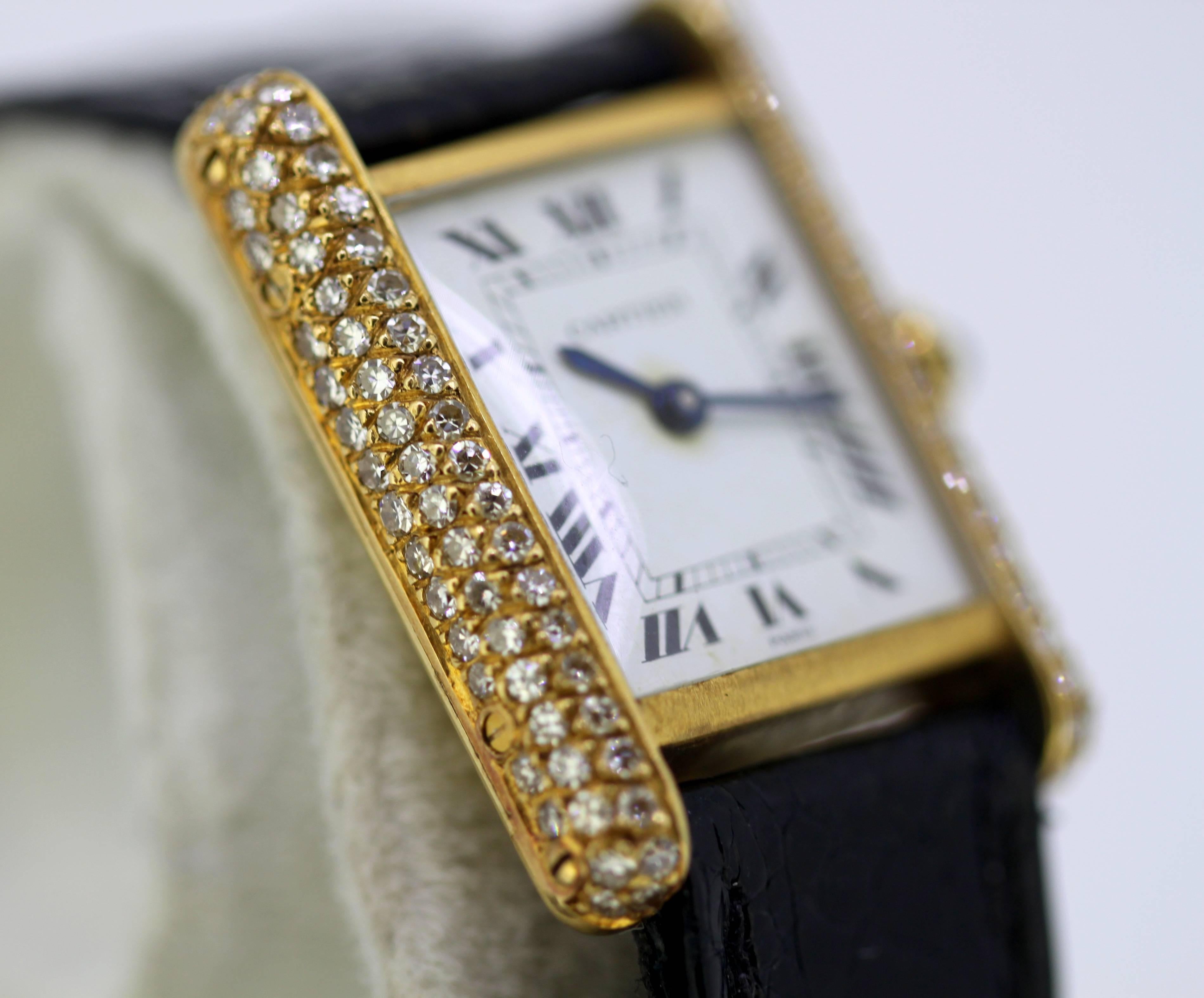 Ladies Cartier Tank Louis Watch in 18 Karat Gold and Bezel Set with Diamonds In Excellent Condition In Braintree, GB