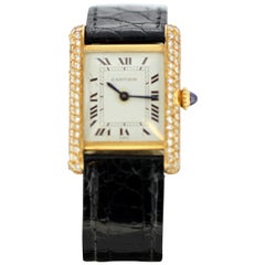 Retro Ladies Cartier Tank Louis Watch in 18 Karat Gold and Bezel Set with Diamonds