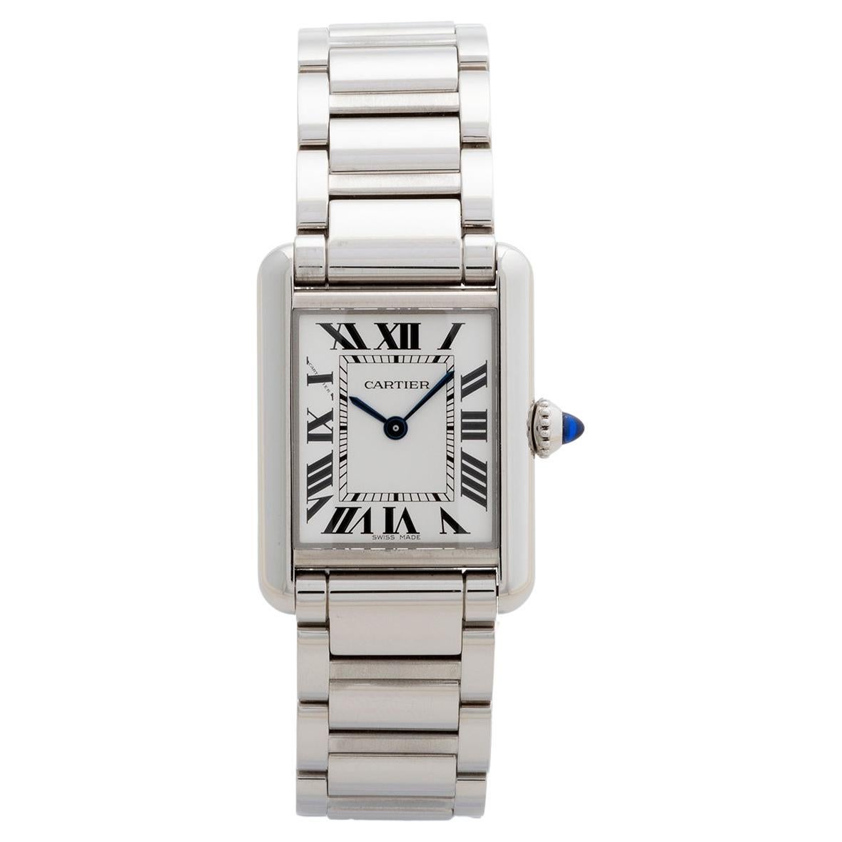 Our ladies Cartier Tank Solo 4322 WSTA0051 features a 22 x 29mm stainless steel case with stainless steel bracelet. This example is presented in outstanding condition without significant signs of use, and comes complete with inner and outer box,