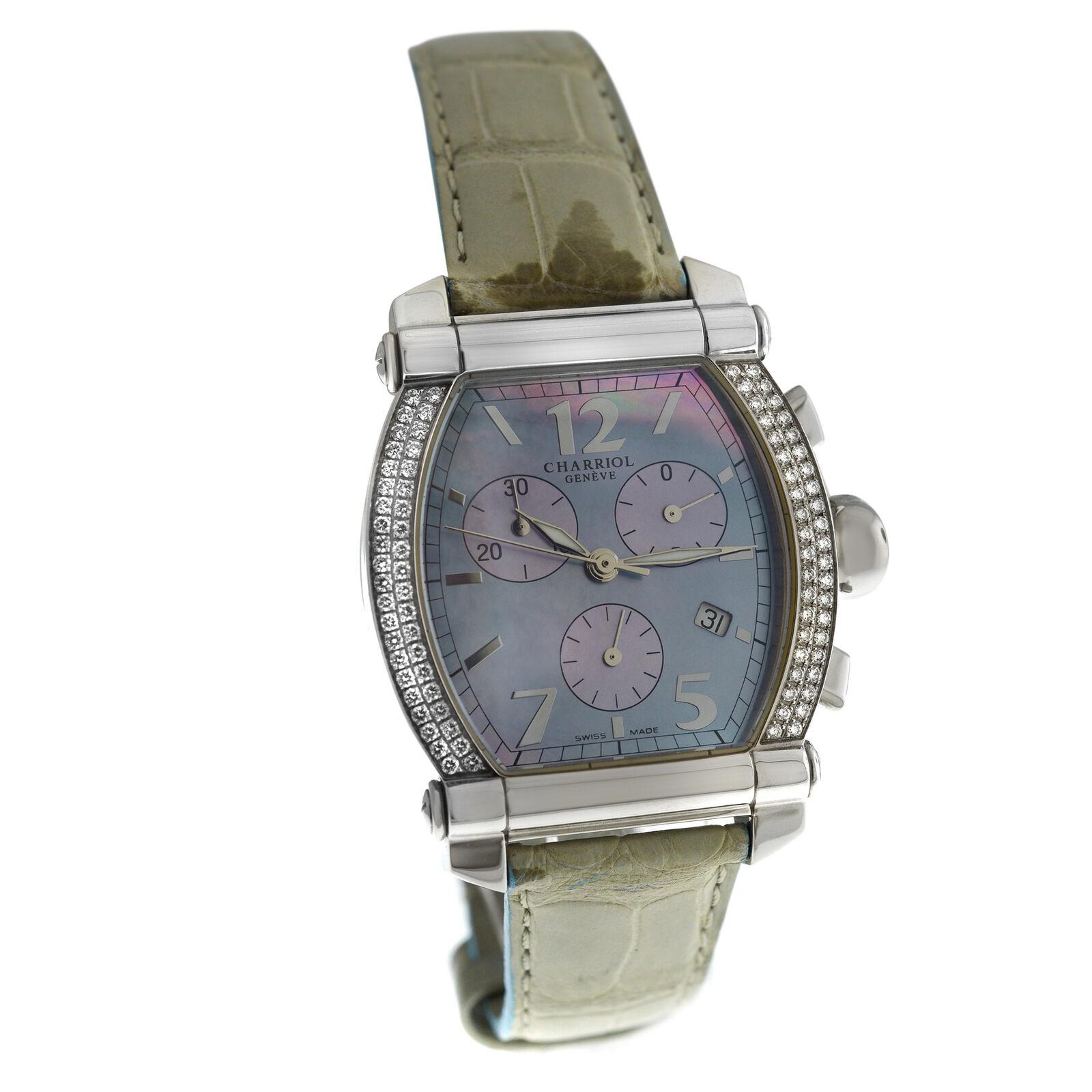 Ladies Charriol Columbus Colvmbvs 060T Chrono Diamond Mother of Pearl Watch In Excellent Condition In New York, NY