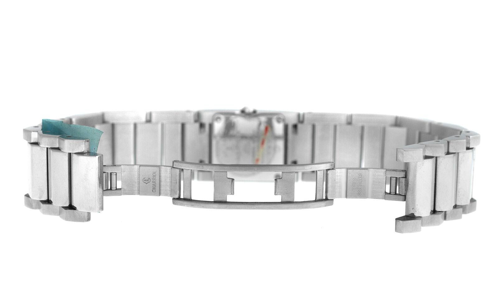 Brand	Charriol
Model	Megeve MGVSD
Gender	Ladies'
Condition	New store display
Movement	Swiss Quartz
Case Material	Stainless Steel
Bracelet / Strap Material	Stainless Steel
Clasp / Buckle Material	Stainless Steel
Clasp Type	Butterfly