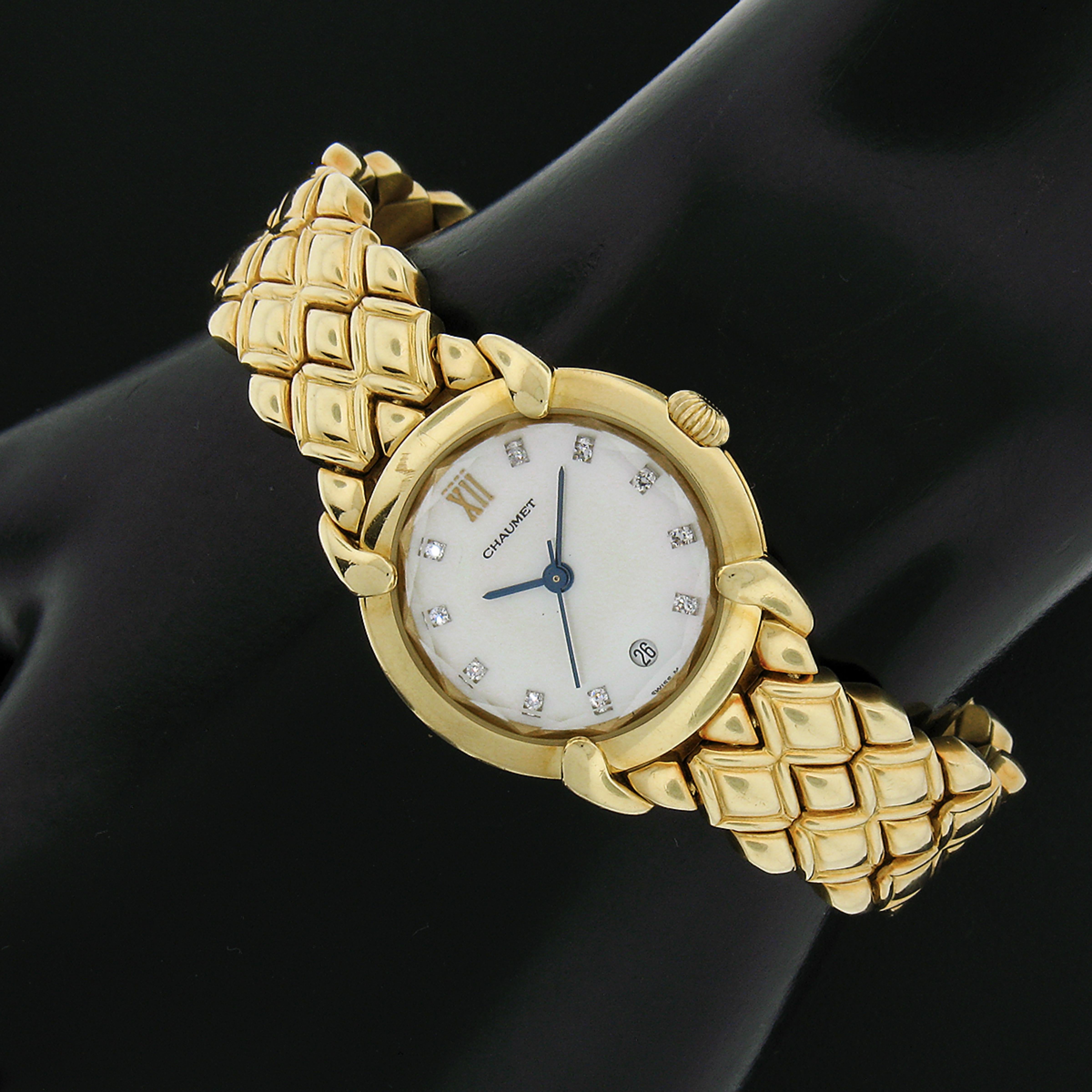 Women's Ladies' Chaumet Elysees 18k Gold Quartz Date Watch w/ MoP & Diamond Dial For Sale