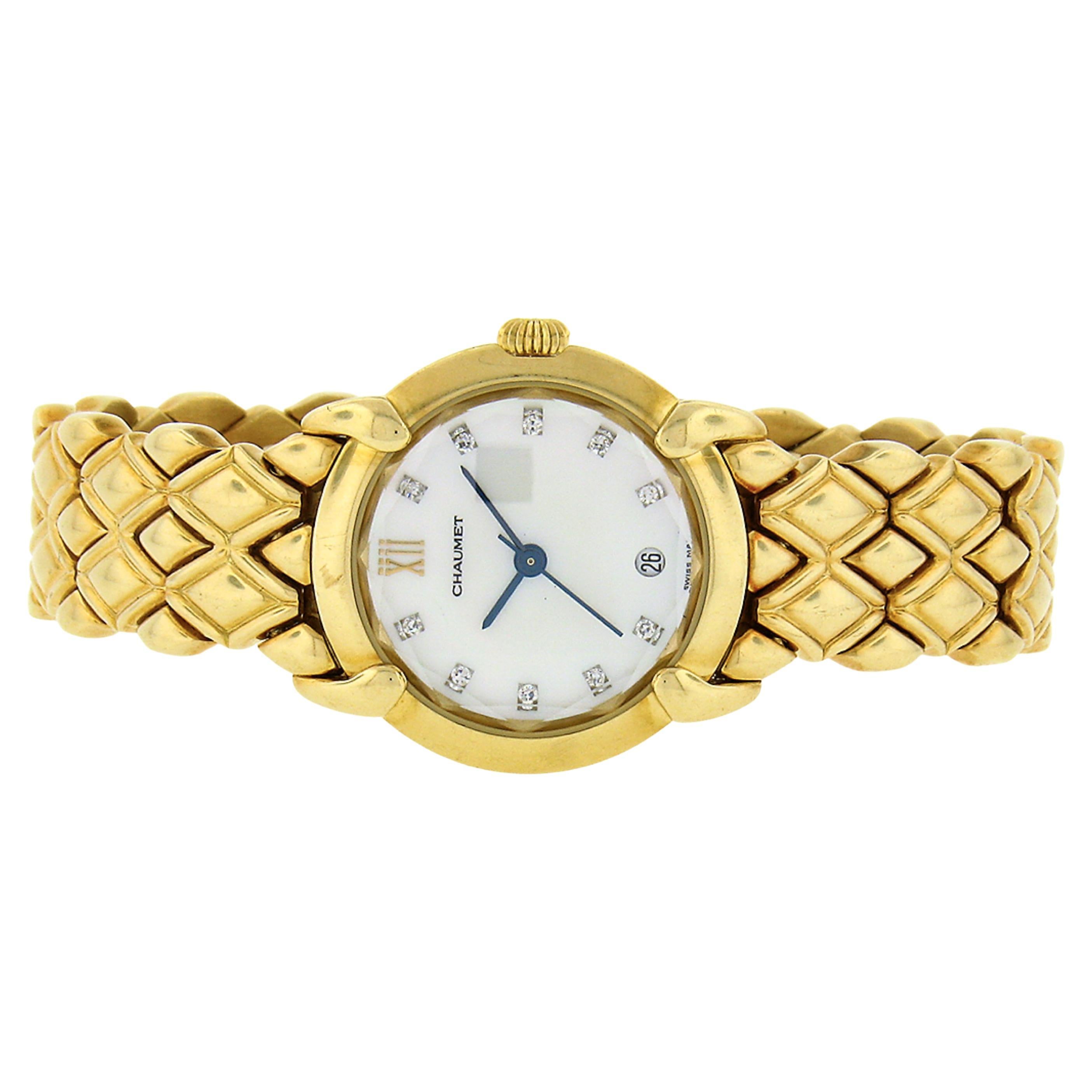 Ladies' Chaumet Elysees 18k Gold Quartz Date Watch w/ MoP & Diamond Dial For Sale