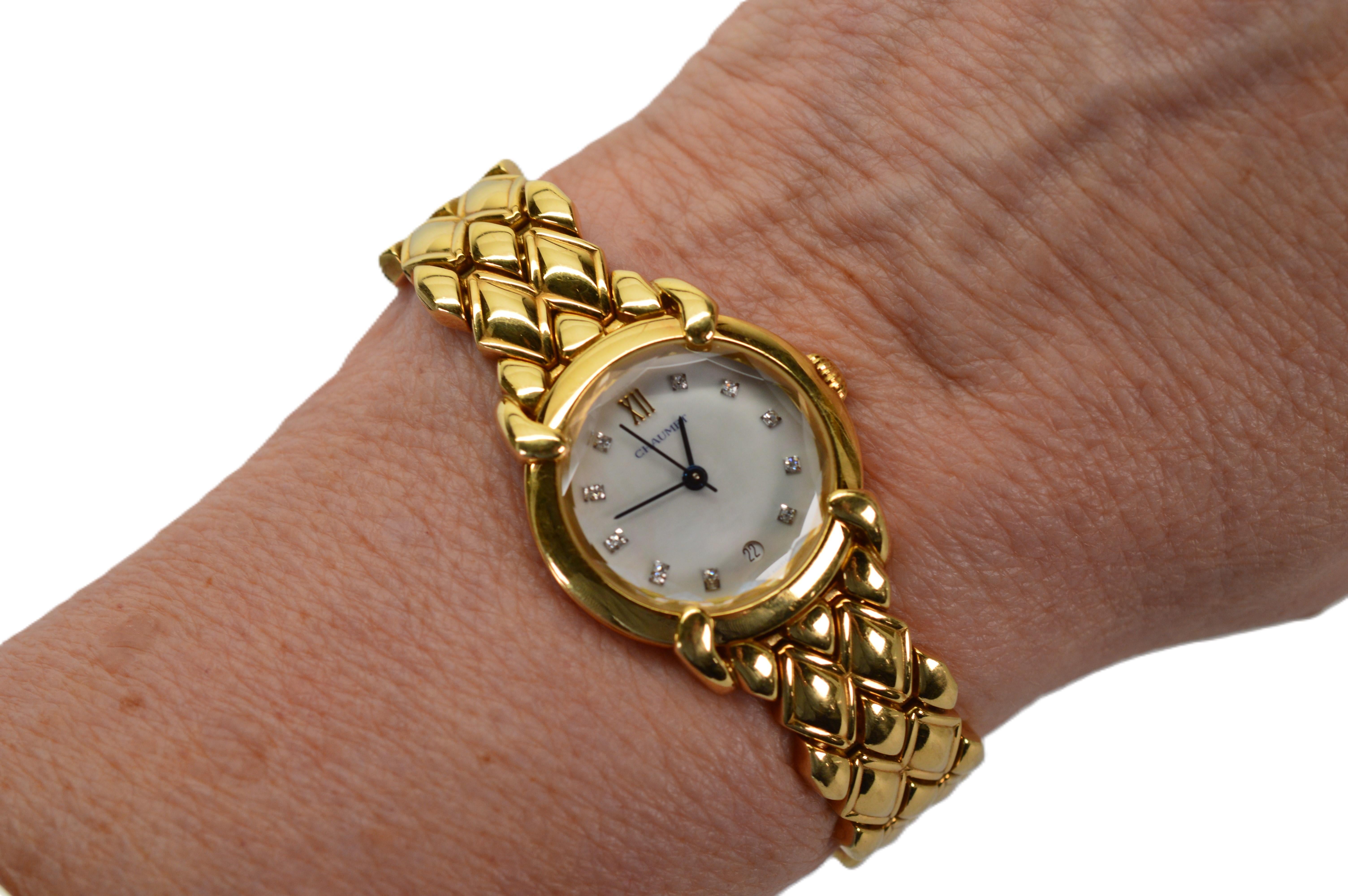 Women's Chaumet Paris Elysses 18 Karat Yellow Gold Diamond Bracelet Watch For Sale