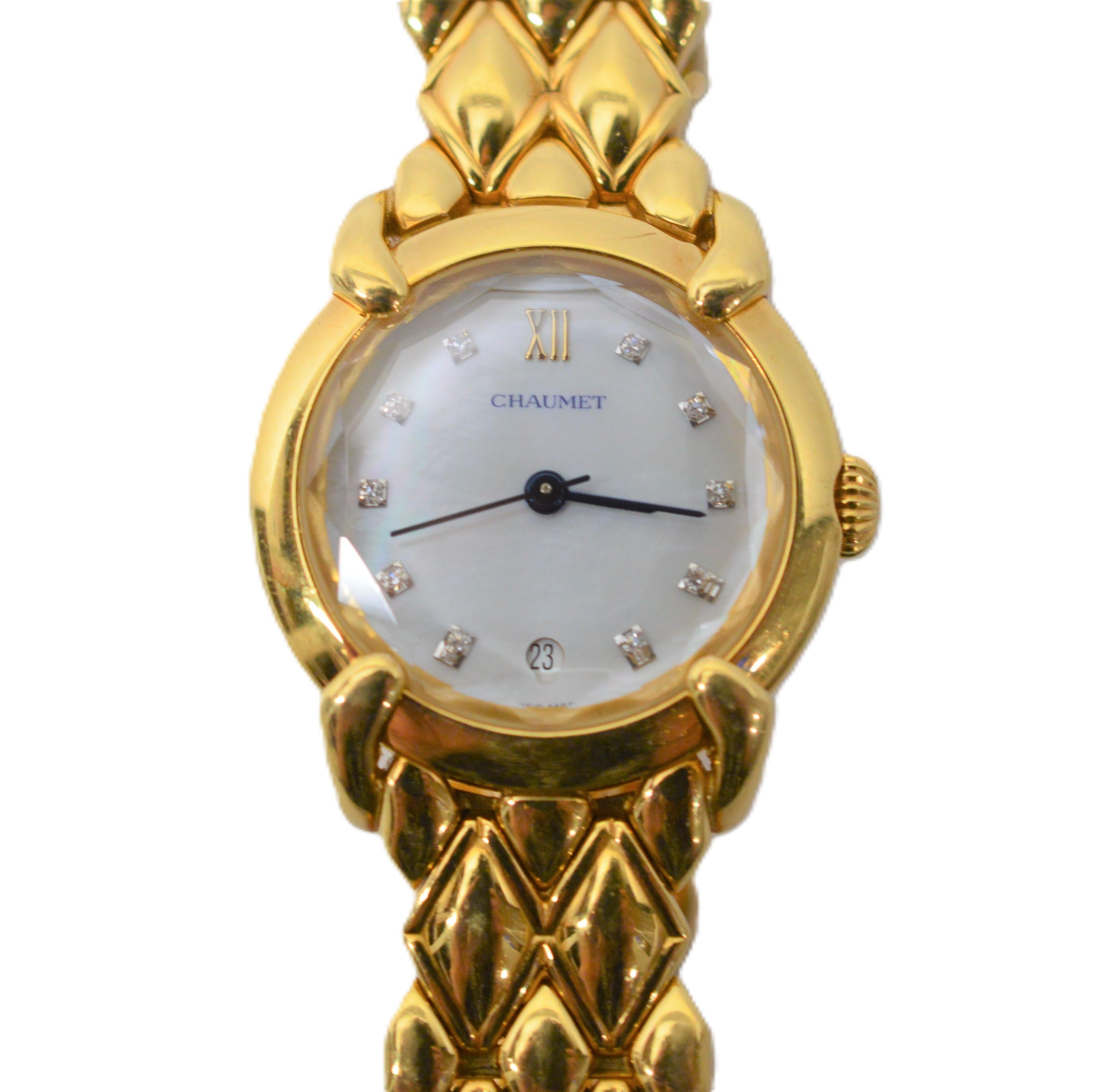 Round Cut Chaumet Paris Elysses 18 Karat Yellow Gold Diamond Bracelet Watch For Sale