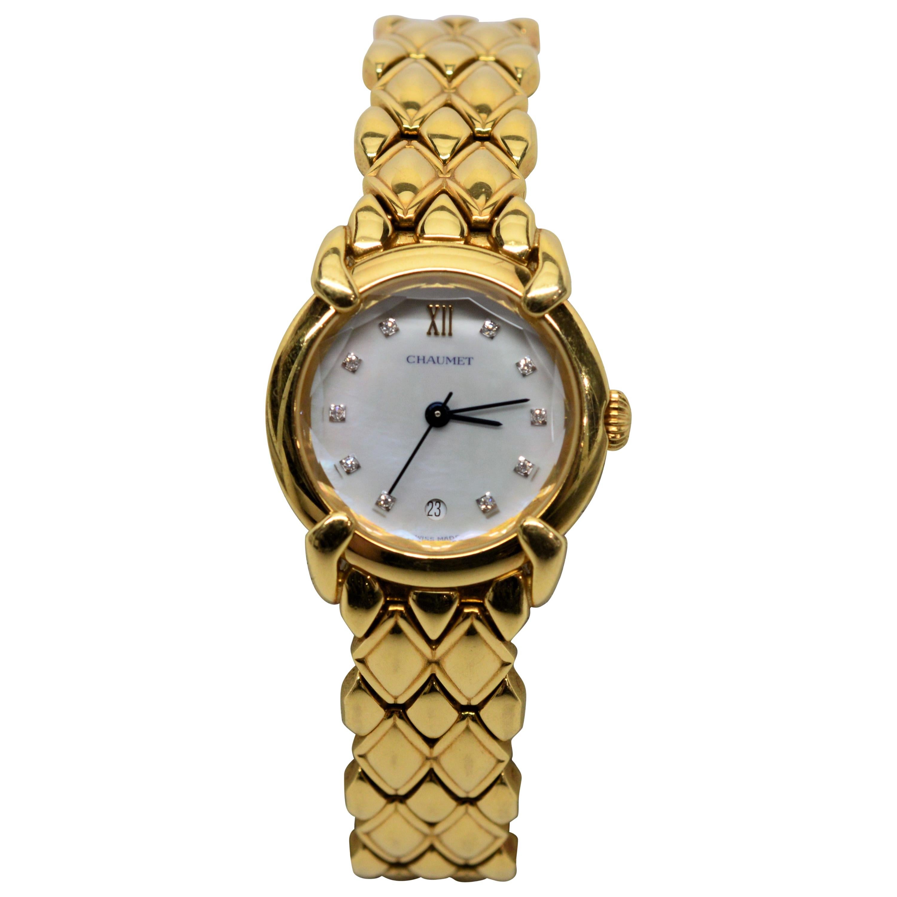 Ladies Chaumet Paris Elysses 18 Karat Yellow Gold and Diamond Bracelet Watch For Sale