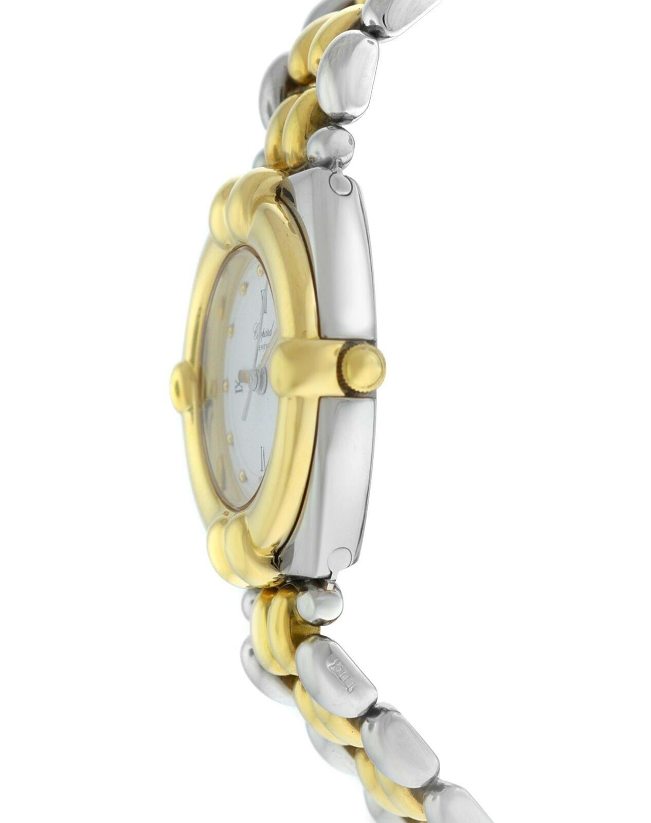 Brand	Chopard
Model	Gstaad 8112 
Gender	Ladies
Condition	Pre-owned
Movement	Swiss Quartz
Case Material	18K Yellow Gold
Bracelet / Strap Material	
18K Yellow Gold

Clasp / Buckle Material	
18K White Gold 

Clasp Type	Butterfly Deployment
Bracelet /