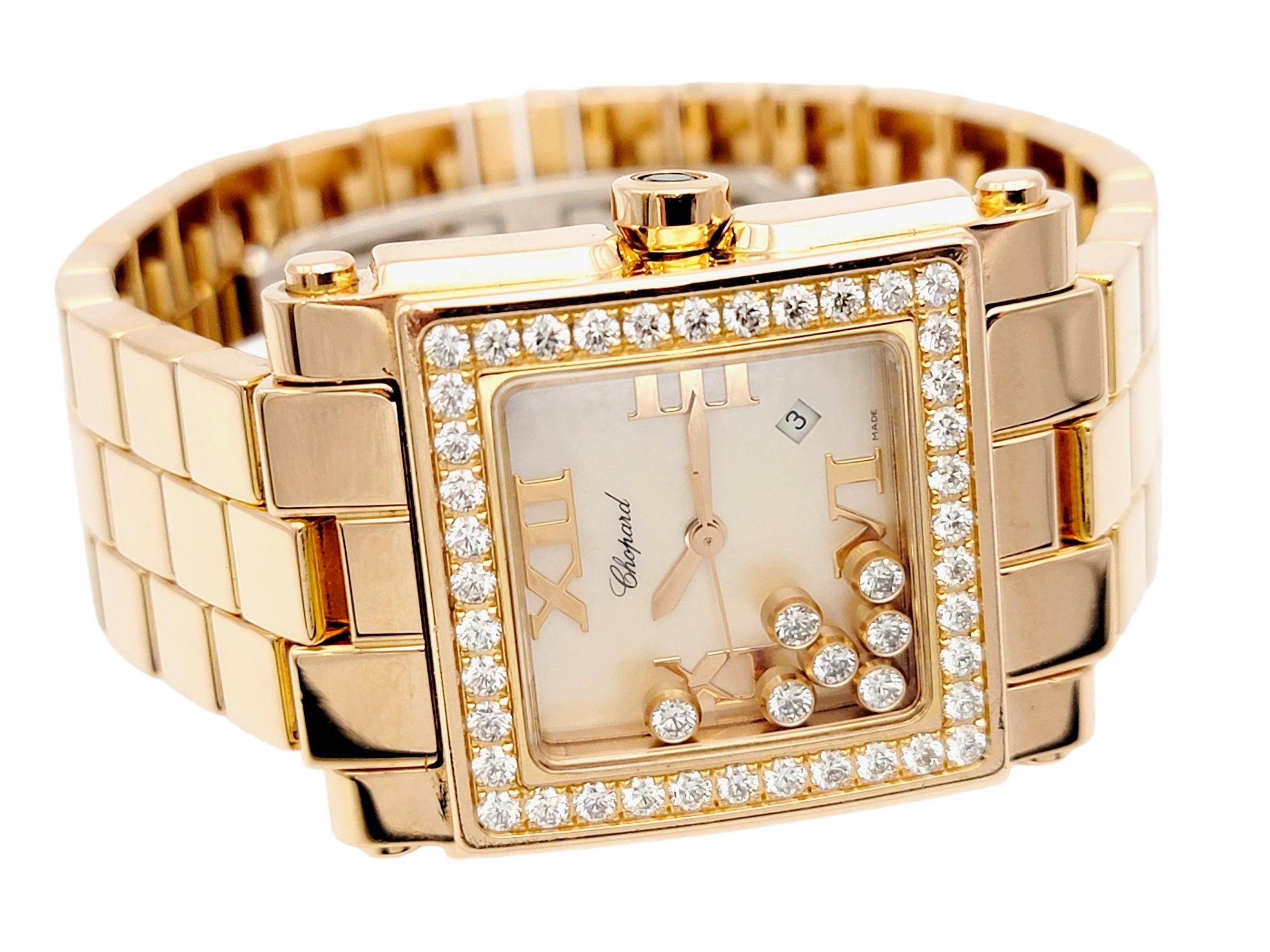 Contemporary Ladies Chopard Happy Sport 18 Karat Rose Gold Wristwatch Square Diamond Bezel