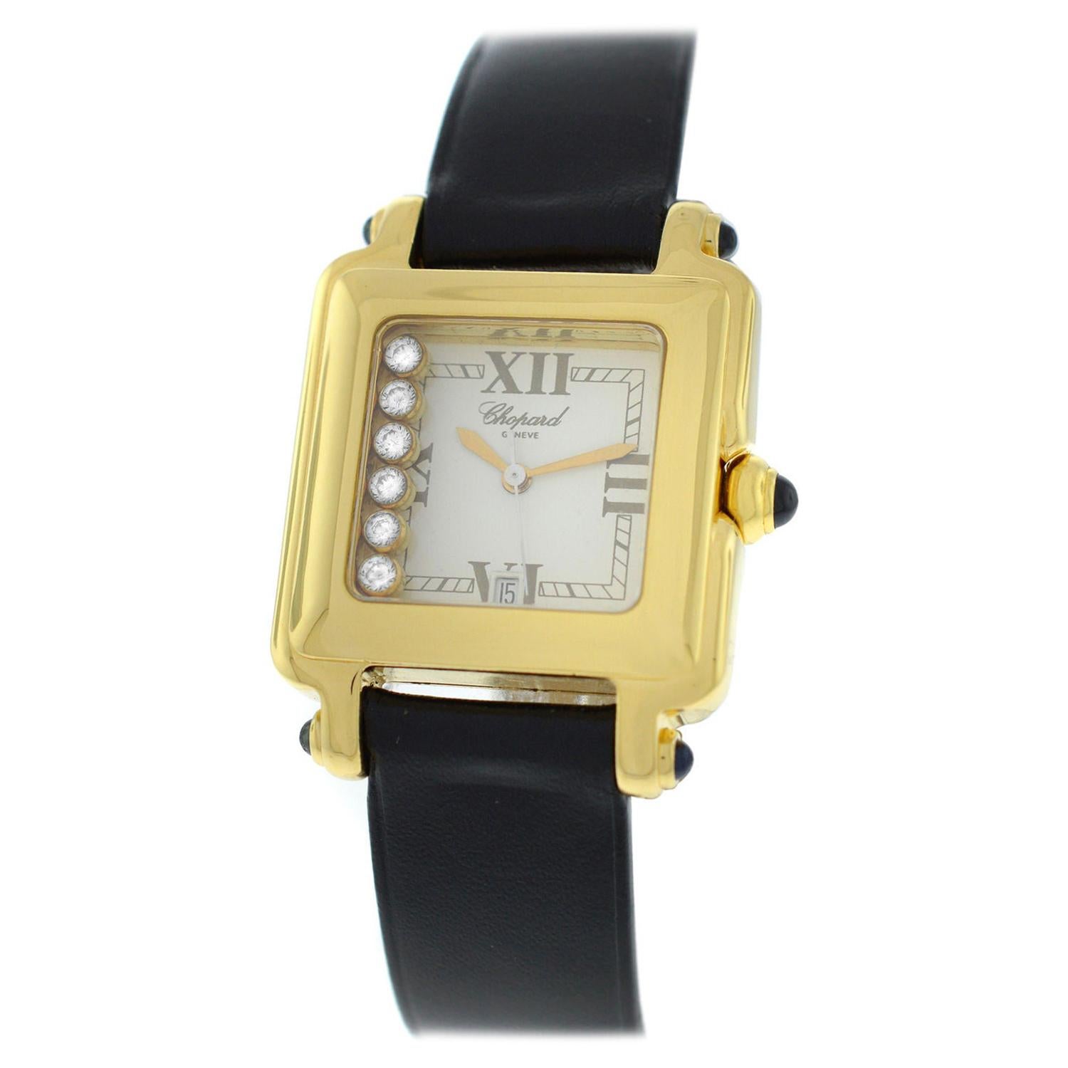 Ladies Chopard Happy Sport 27/6627-23 Floating Diamonds 18K Gold Quartz Watch For Sale