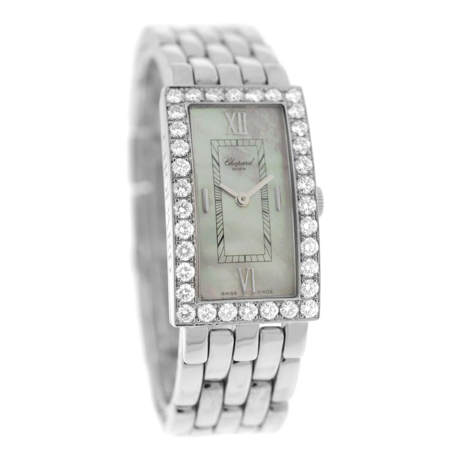 Brand	Chopard
Model	Les Classiques 10/7045/8-20
Gender	Ladies
Condition	Pre-owned
Movement	Swiss Quartz
Case Material	18K White Gold
Bracelet / Strap Material	
18K White Gold

Clasp / Buckle Material	
18K White Gold	
Clasp Type	Butterfly