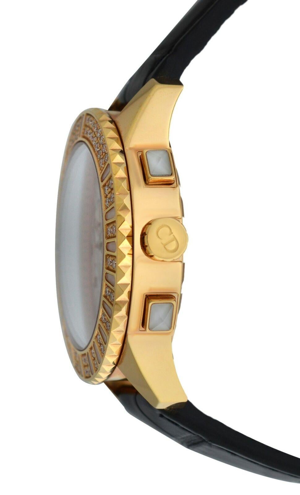 
Brand	Christian Dior
Model	Christal CD114370
Gender	Ladies
Condition	New store display
Movement	Swiss Quartz
Case Material	18K Gold and diamonds
Bracelet / Strap Material	
Genuine Alligator / Crocodile skin
This Christal model has a stunning