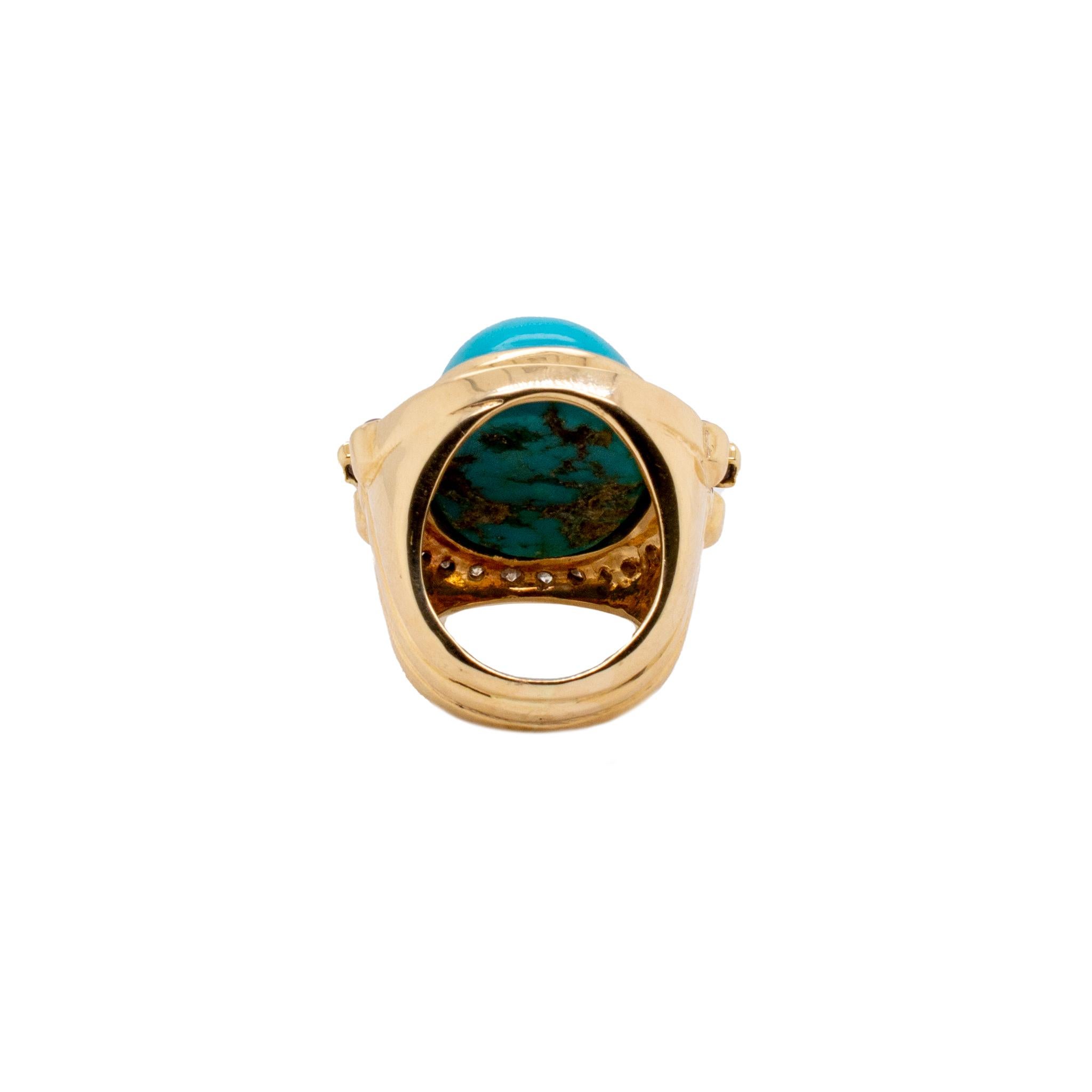 One lady's custom made, hand made textured & polished 14K yellow gold, diamond, turquoise and ruby halo, cocktail, vintage ring with a soft-square shank. The ring is a size 6. The ring weighs a total of 27.80 grams., Engraved with 