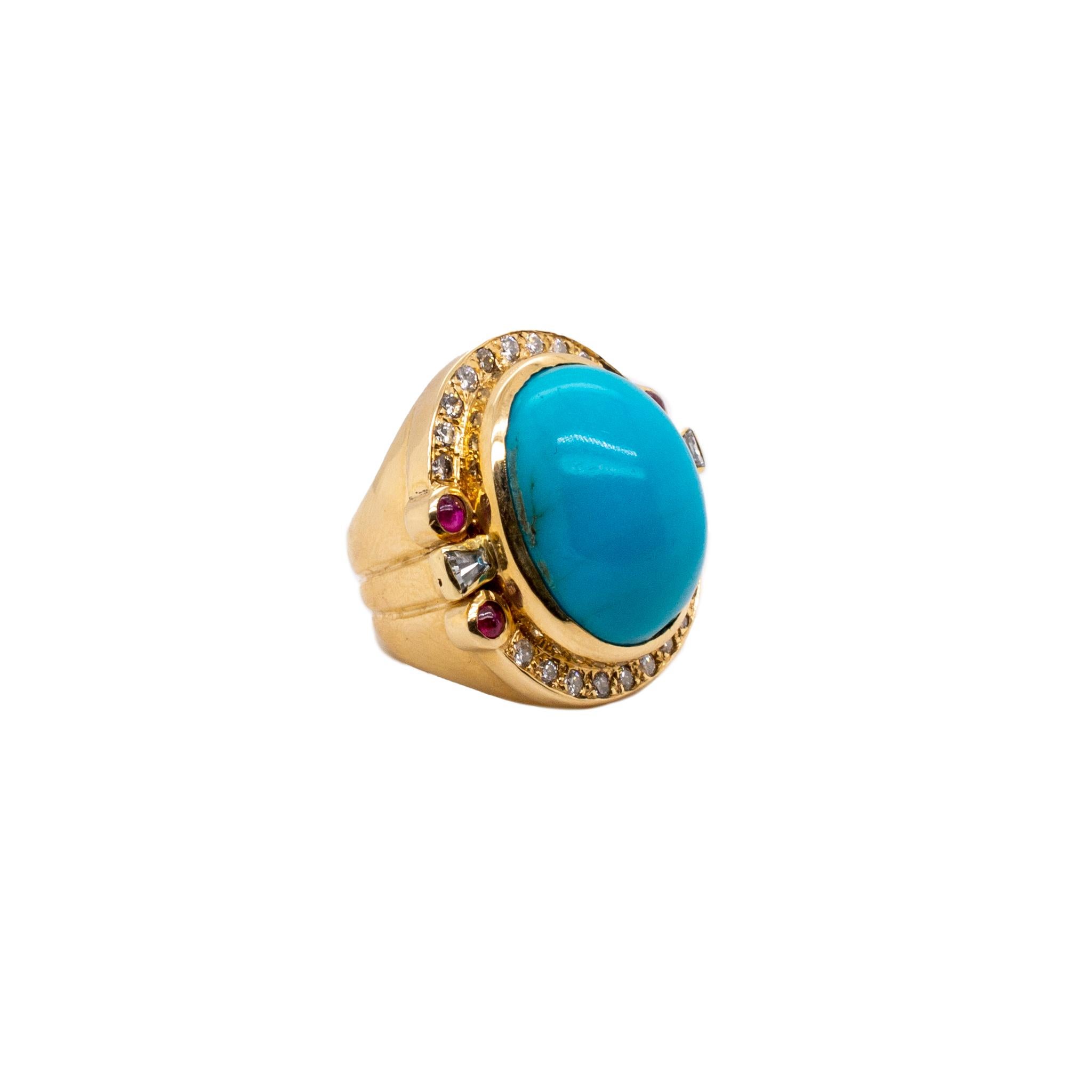 Cabochon Ladies Cocktail Turquoise Diamonds 14K Yellow Gold Ring