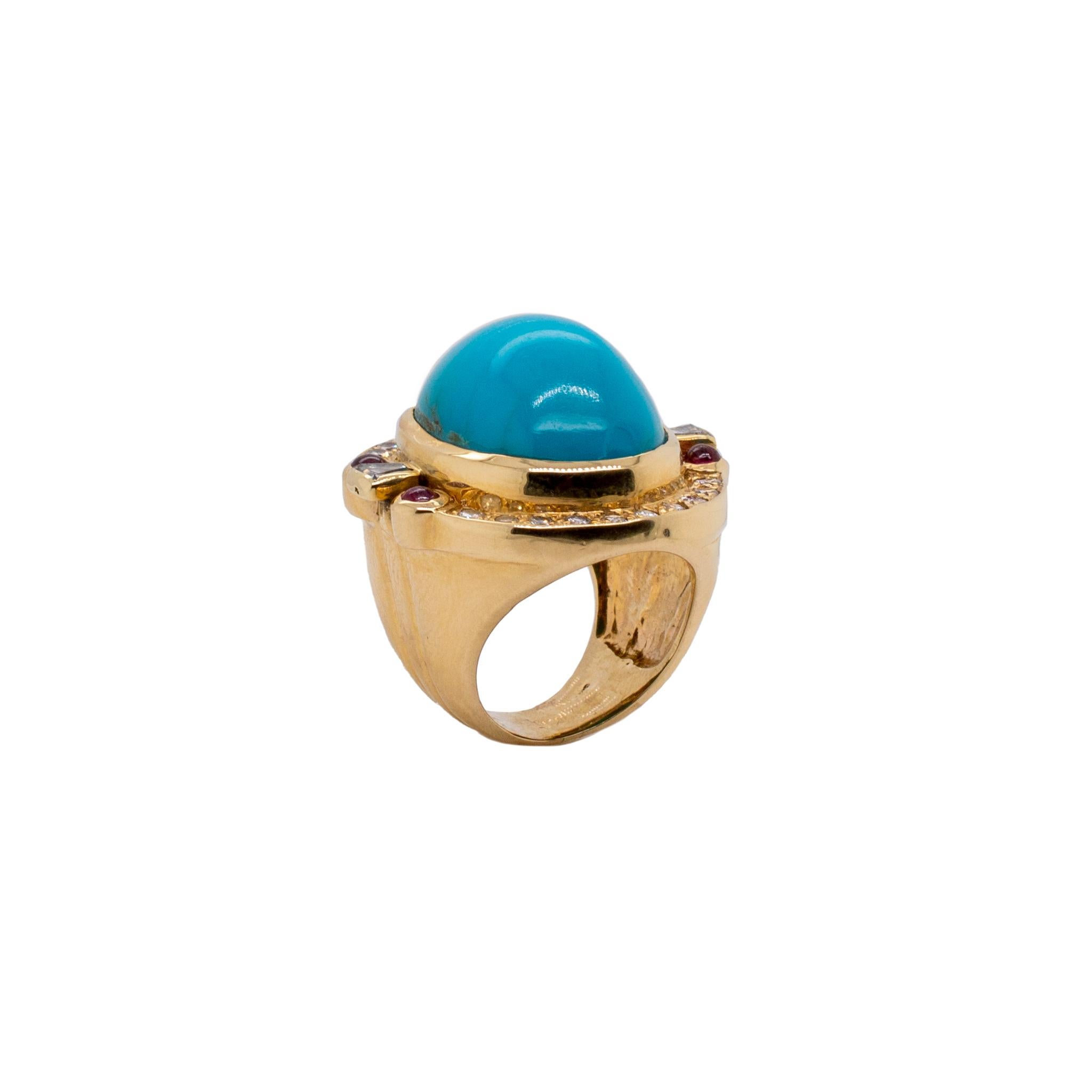Women's Ladies Cocktail Turquoise Diamonds 14K Yellow Gold Ring
