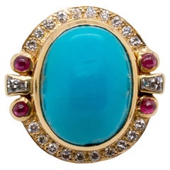 Ladies Cocktail Turquoise Diamonds 14K Yellow Gold Ring