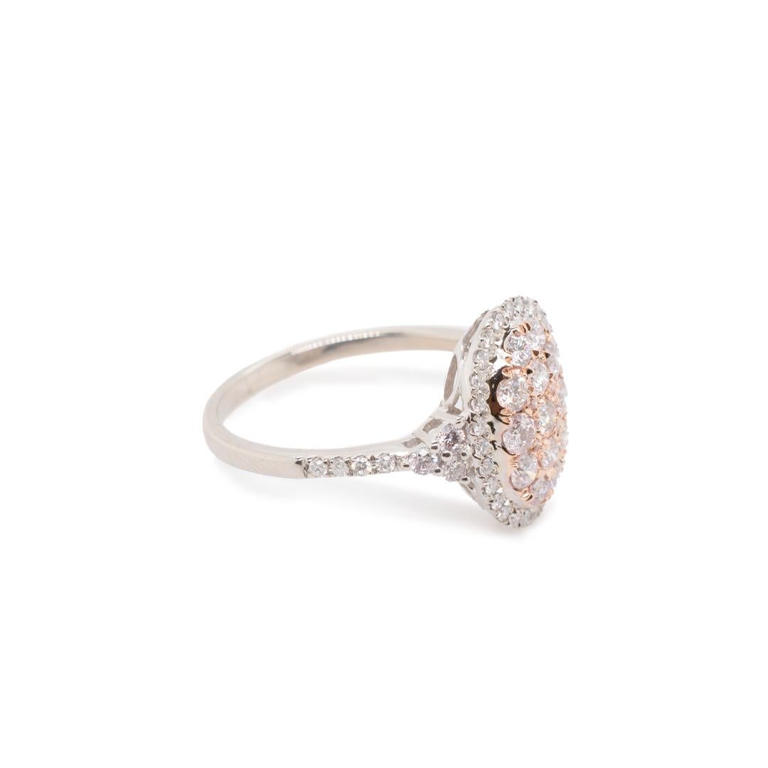 Ladies Cocktail Two Tone 14K White & Rose Gold Oval Shaped Halo Diamond Ring In Excellent Condition For Sale In Houston, TX