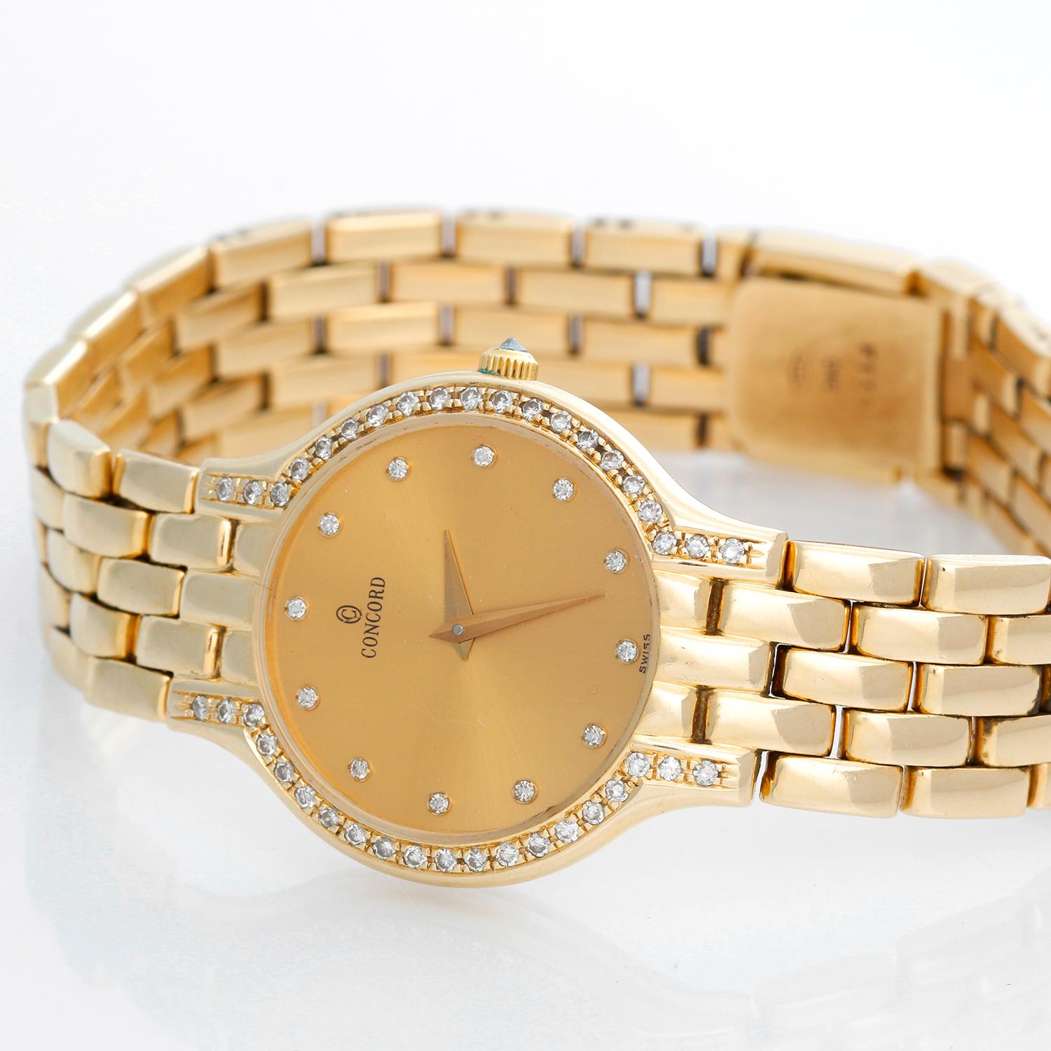Ladies Concord Les Palais 14k Yellow Gold  Watch 29-62-266 - Quartz movement. 14k yellow gold lugs and crown (25mm diameter). Champagne diamond dial. 14k yellow gold bracelet. Pre-owned with custom box .