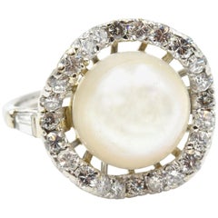 Ladies Cultured Pearl and 1.50 Carat Diamond Platinum Ring