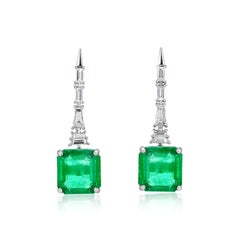 18K White Gold Emerald and Diamond Dangling Earrings, 9.02ct Emerald