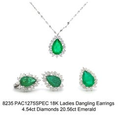 18K Gold Emerald & Diamond Jewelry Suite, 20.56 Cts Emeralds, 4.54 Cts Diamonds