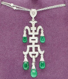 Ladies Diamond and Emerald Pendant, Necklace Enhancer, 18 Karat White Gold
